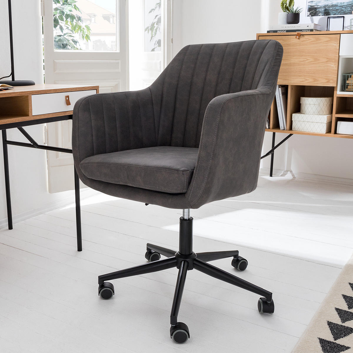 BÜRODREHSTUHL - Kunstleder / Stahl, Vintage Grau / Schwarz - Grau, Kunststoff (60/95/61cm) - home24