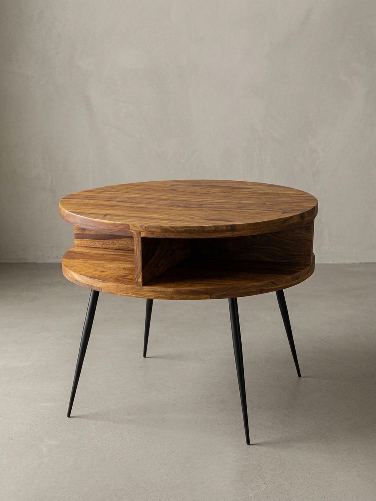 COUCHTISCH aus Sheesham Massivholz, Rund mit 4 Ablagefächern, Gestell aus Schwarzem Metall - Schwarz/Braun, Holz/Metall (60/60/45cm) - KADIMA DESIGN