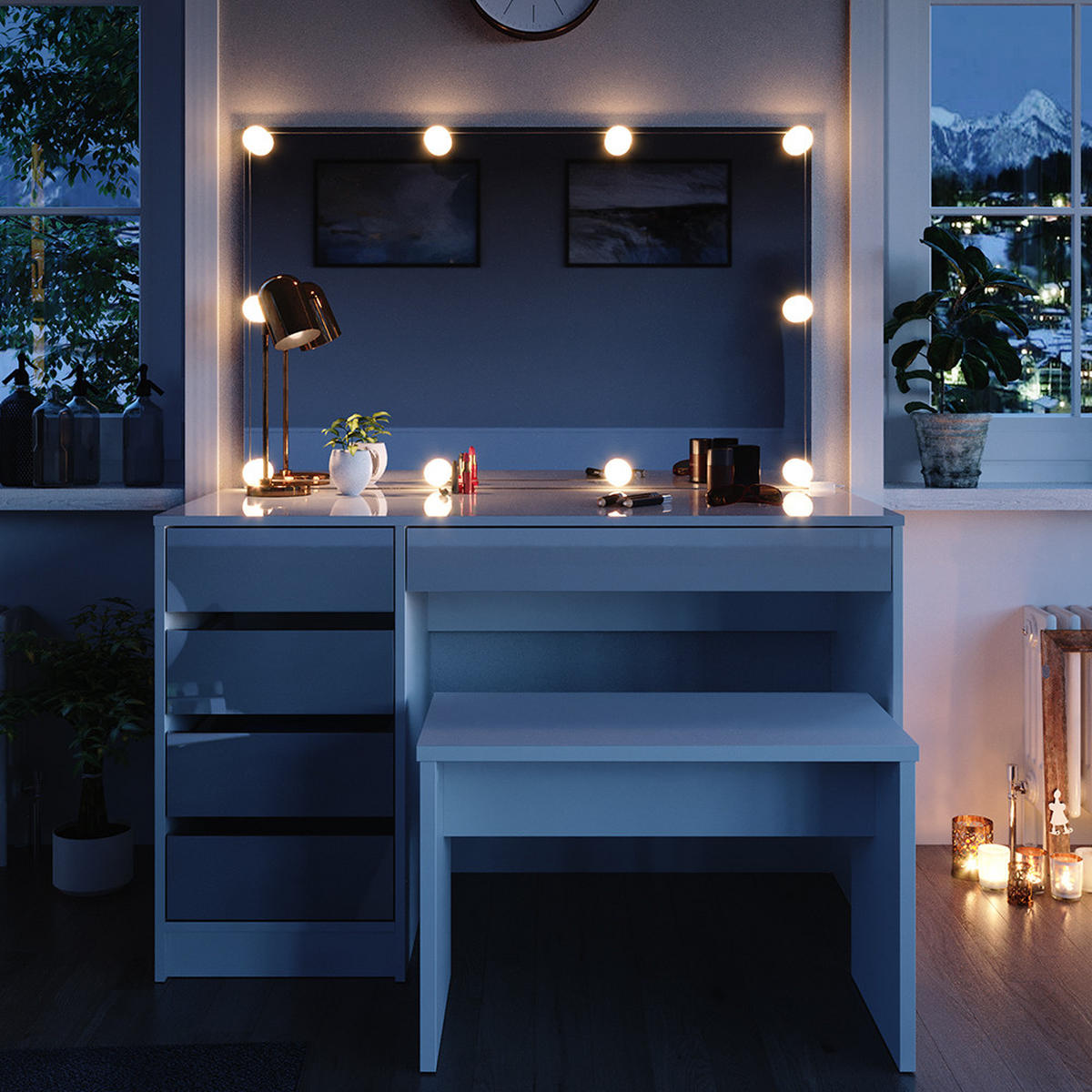 SCHMINKTISCH Sherry Weiß 120 cm mit LED Beleuchtung und Bank - Weiß, Holzwerkstoff (55/75/120cm) - Vicco