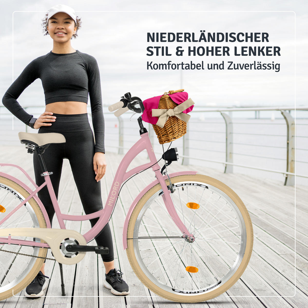 CITY-FAHRRAD Milord mit Weidenkorb, 28 Zoll, Rosa-Creme, 3-Gang - Pink/Creme, Metall (46cm) - Milordbikes