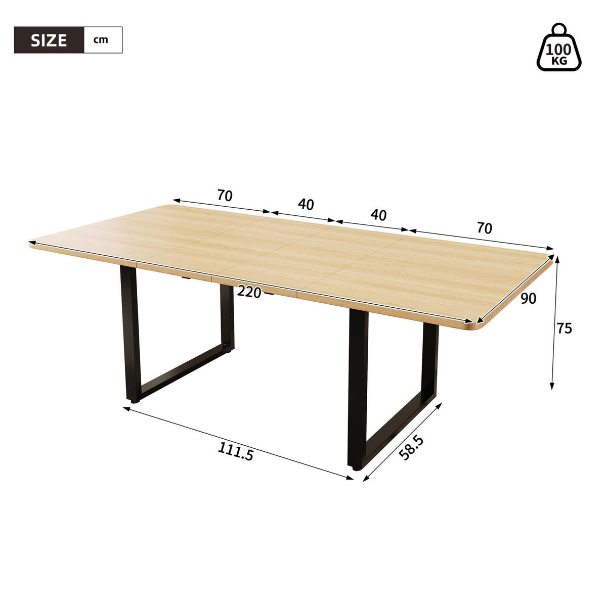 ESSTISCH aus MDF 140/180/220x80 cm Eichefarben ausziehbar für 6-10 Personen mit stabilen Metallbeinen - Eichefarben, Holzwerkstoff (220/90/75cm) - Modfu