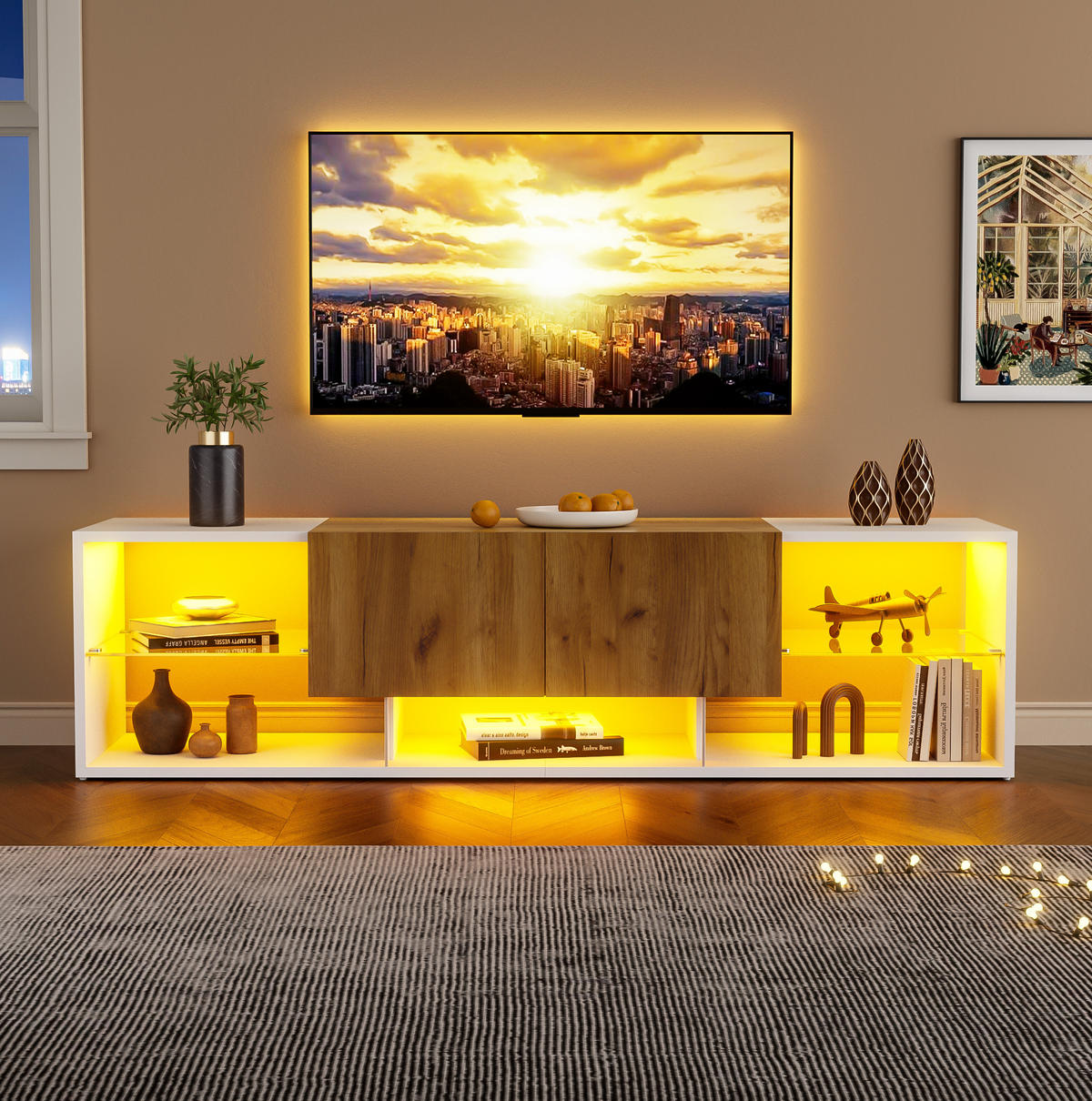 LOWBOARD 160/40/42 cm in Weiß und Eichefarben mit LED-Beleuchtung und 2 Schubladen - Hellbraun, Holzwerkstoff (160/42/40cm) - Flora Grace