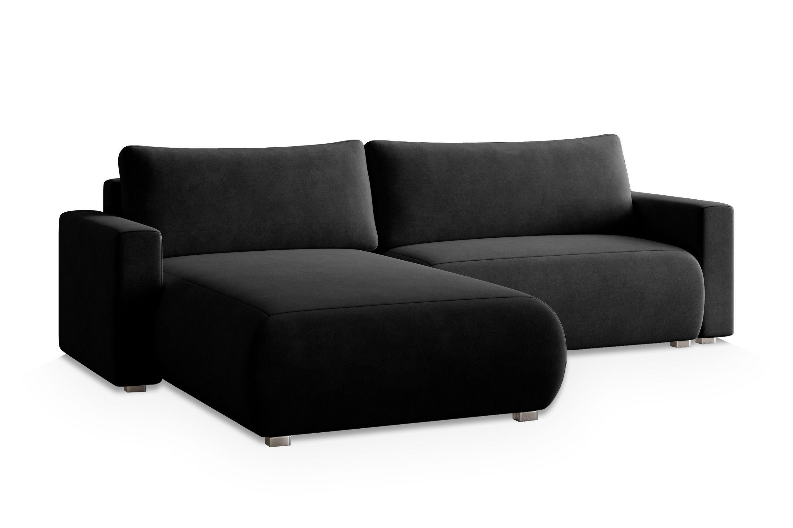 ECKSOFA TURIN M Schwarz Velours-Stoff mit Schlaffunktion - Schwarz, Holz (265/183cm) - MASSENO