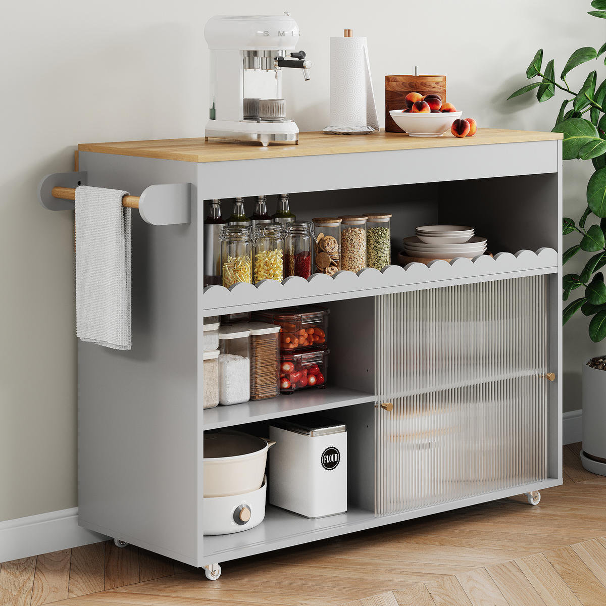 KÜCHENINSEL grau-Natur aus MDF mit klappbarer Eichenfurnier-Platte 122 × 69 × 91 cm - Grau, Holzwerkstoff (122/91/69cm) - Luhomfu