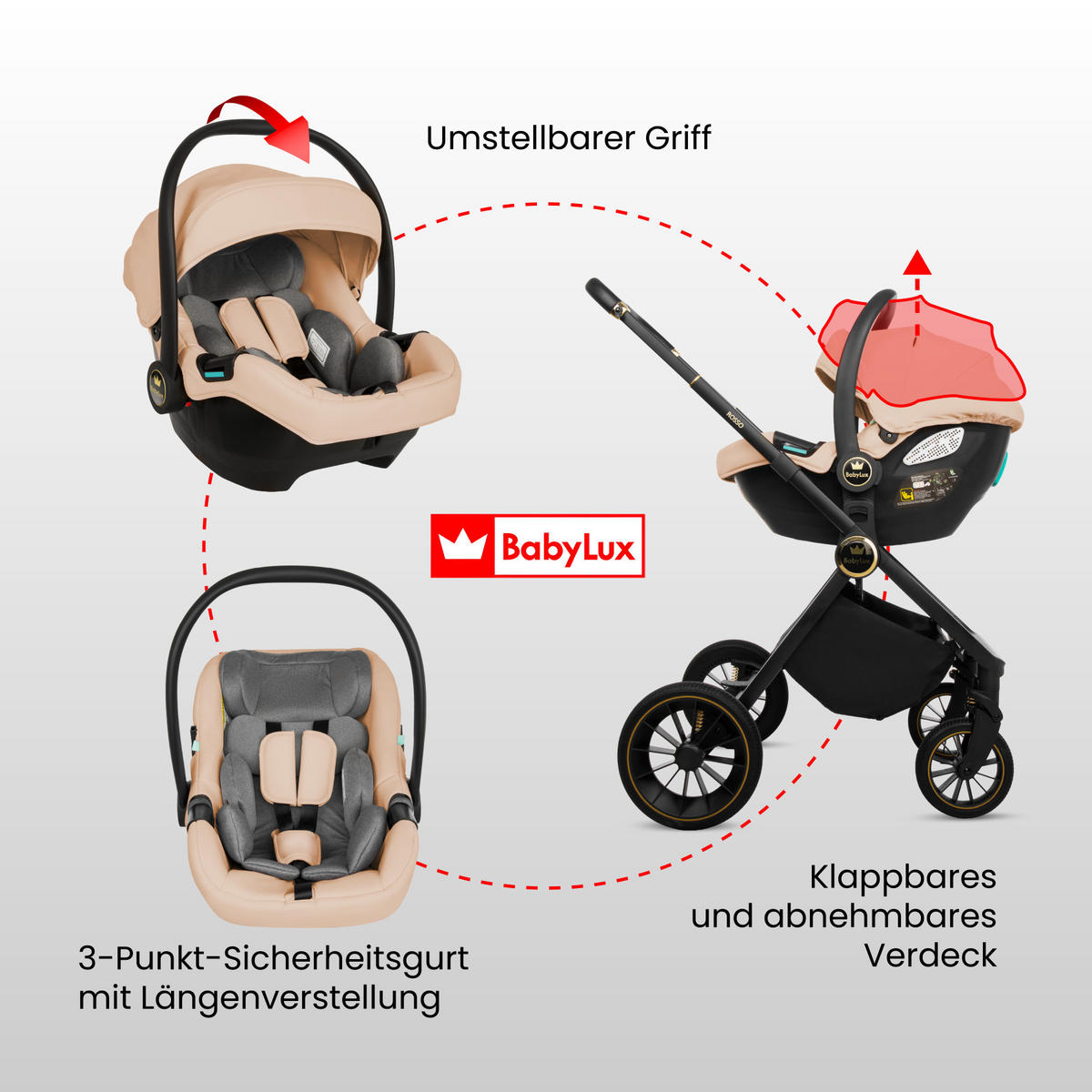 KINDERWAGEN Rosso 2in1 Beige Babywanne, Buggy Sportsitz, Faltbar, Wickeltasche - Beige/Schwarz, Textil/Metall (58/100cm) - BabyLux