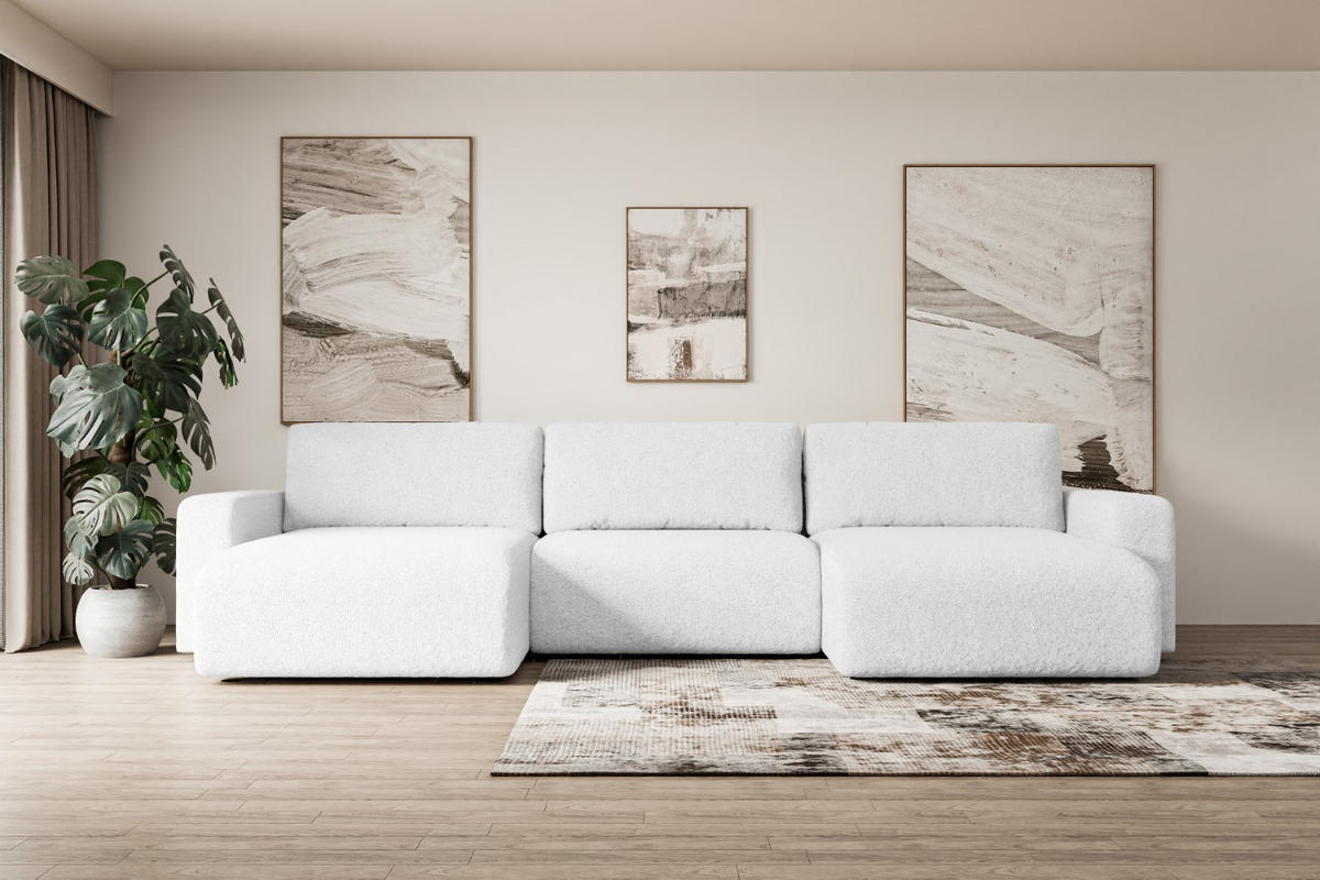 WOHNLANDSCHAFT mit Schlaffunktion und Bettkasten KLEEA-U - 347x143x83 cm Weiß Bouclé - Schwarz/Weiß, Holzwerkstoff/Kunststoff (347/83/143cm) - ALTDECOR