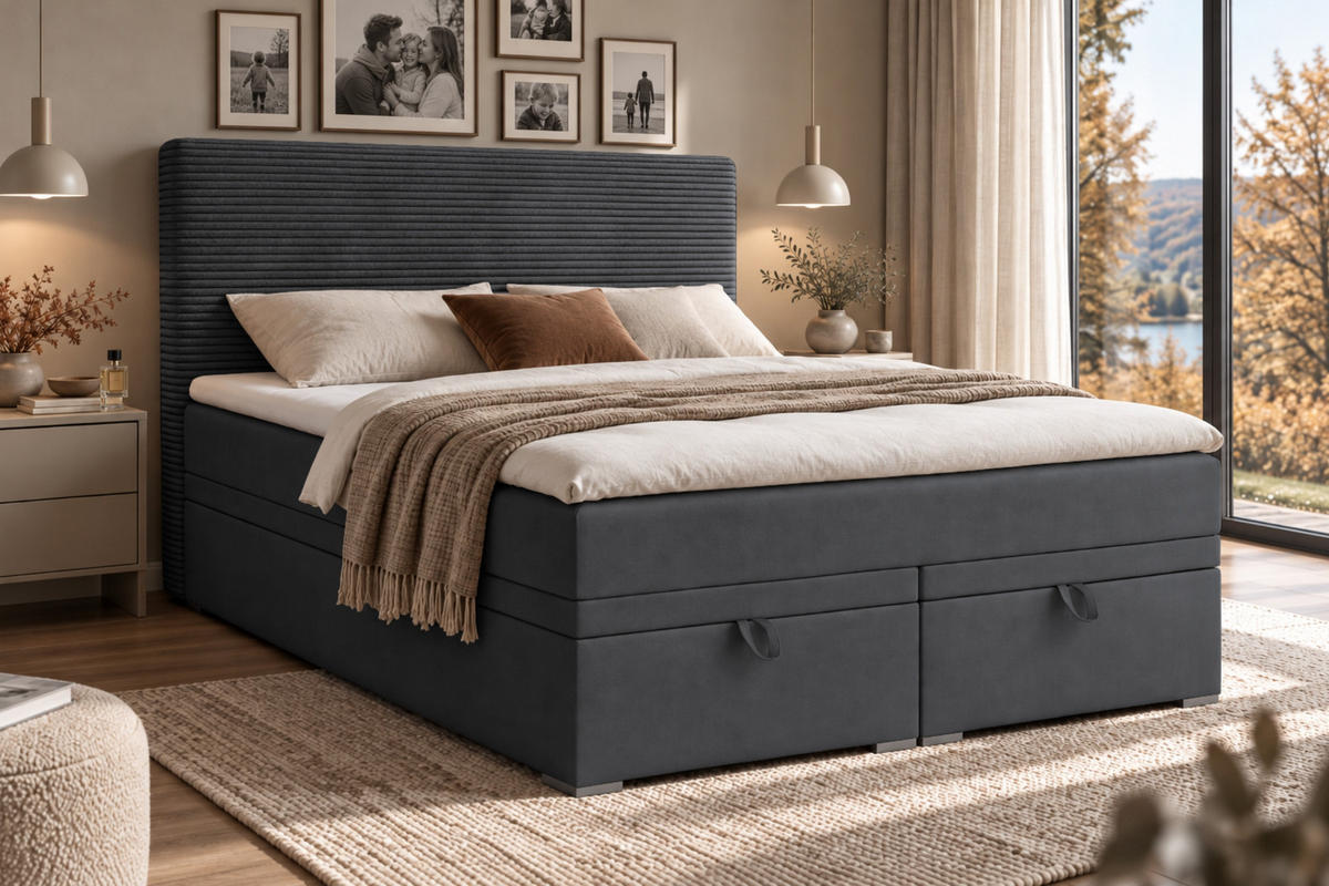 BOXBETT DARO 140/200 in Velour/Cord Dunkelgrau - Dunkelgrau, Holz/Holzwerkstoff (140/200cm) - Deine Möbel 24