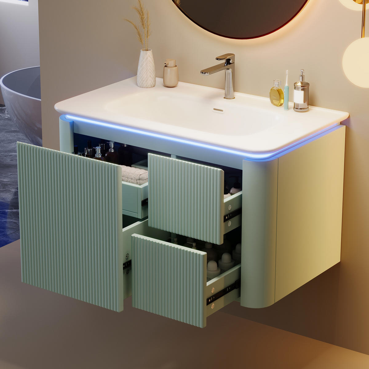 WANDMONTIERTER Waschtischunterschrank 80.5x47.5x51 cm Grün aus Holzwerkstoff & Keramik mit Schubladen - Grün, Holzwerkstoff (80.5/51/47.5cm) - Modfu