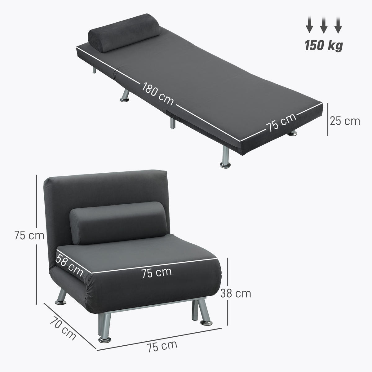 KLAPPBAR Schlafsessel Schlafsofa Klappmatratze Bett Gästebett Dunkelgrau - Dunkelgrau/Silberfarben, Textil/Metall (70/75/75cm) - HOMCOM