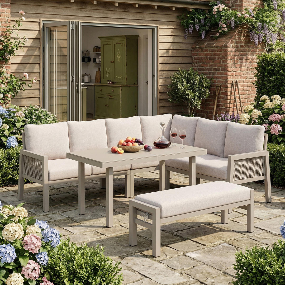 GARTEN-ESSGRUPPE 8 Personen Eckstellung Glastisch Khaki - Hellbraun, Textil - FLIEKS