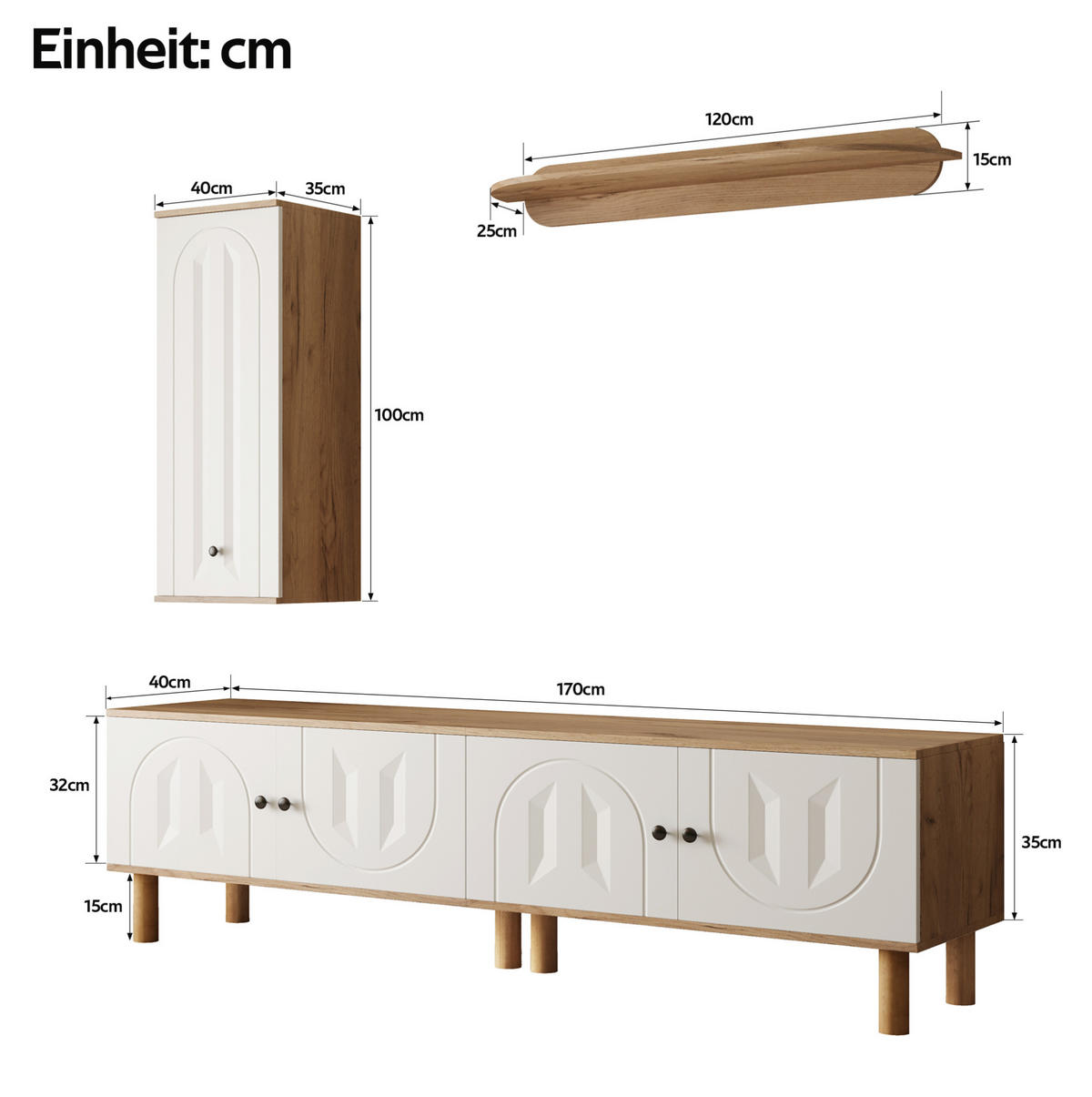 WOHNWAND 3-tlg. mit TV-Lowboard, Highboard und Wandboard Weiß/Naturholz - Weiß, Holzwerkstoff (40/50/170cm) - Beauniv