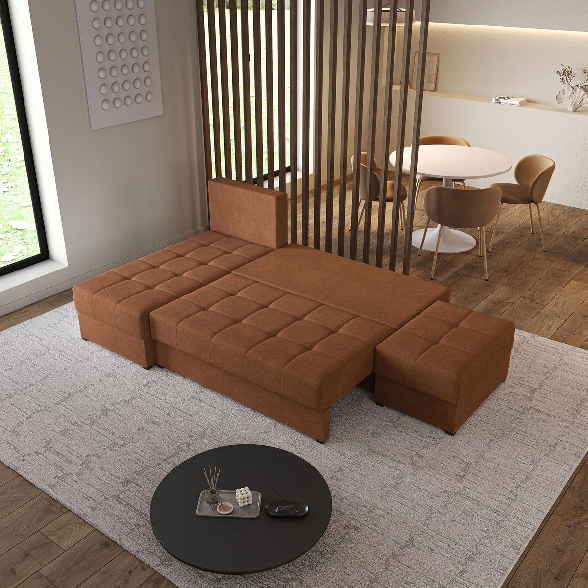 ECKSOFA NORVIupferfarben Geflochtener Stoff mit Schlaffunktion - Kupferfarben, Holz (251/143cm) - MASSENO