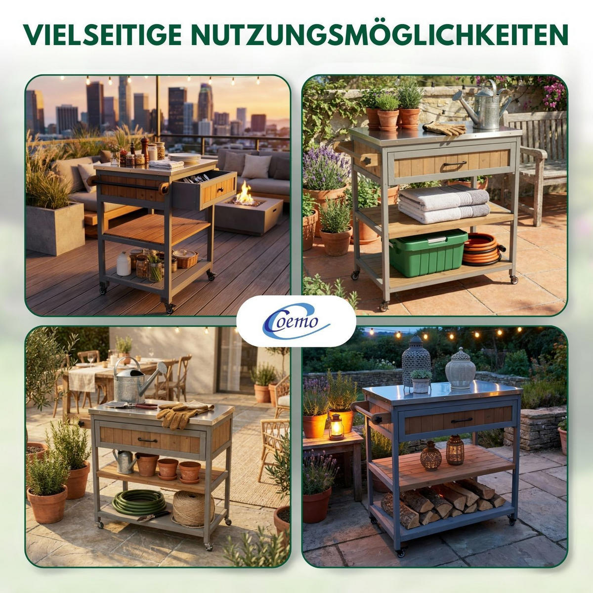 SERVIERWAGEN JAMES mit Rollen Outdoor 82/53/92 cm Farbe Grau - Grau, Holz (53/92/82cm) - Coemo
