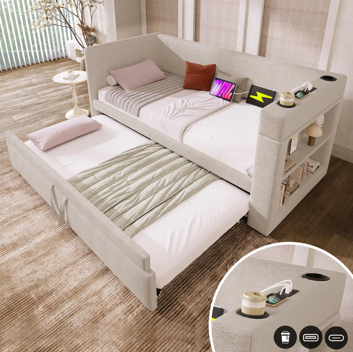 ROZKLÁDACÍ postel 90/190 cm béžová z bavlny a lnu s výsuvným lůžkem a USB nabíjením - béžová, textil (90/190cm) - OKWISH