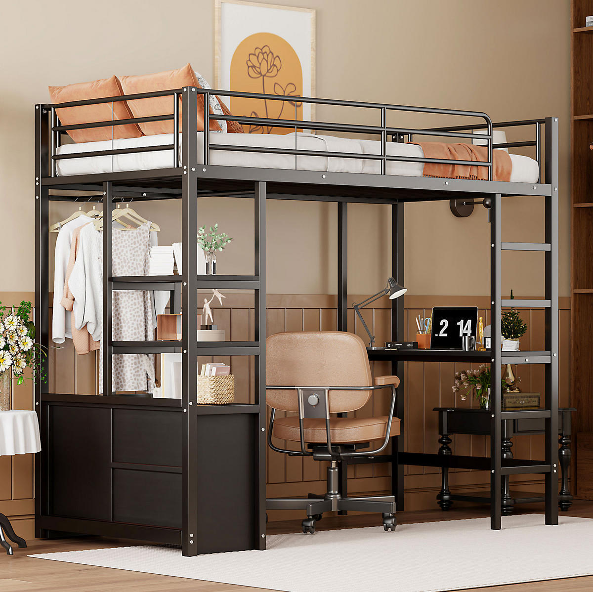 HOCHBETT 90/200 cm aus Metall mit Schreibtisch, Regalen und USB-Anschluss - Schwarz, Metall (90/200cm) - Flora Grace