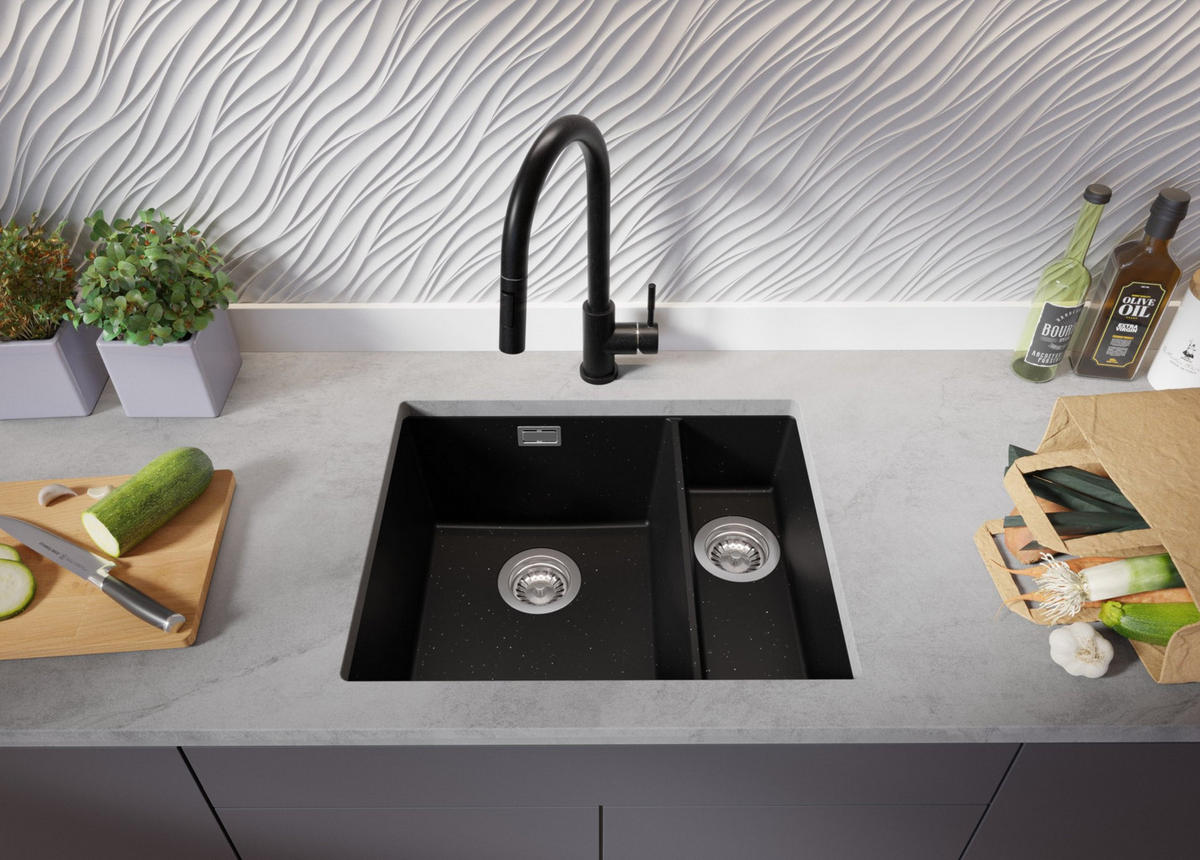 UNTERBAUSPÜLE GRANIT London Duo, 2-er set Schwarz Metallic 56/47 cm 1,5 Becken + Ablauf-Set ab 60er Unterschrank - Chromfarben/Schwarz Hochglanz, Kunststoff (56/20/47cm) - Primagran