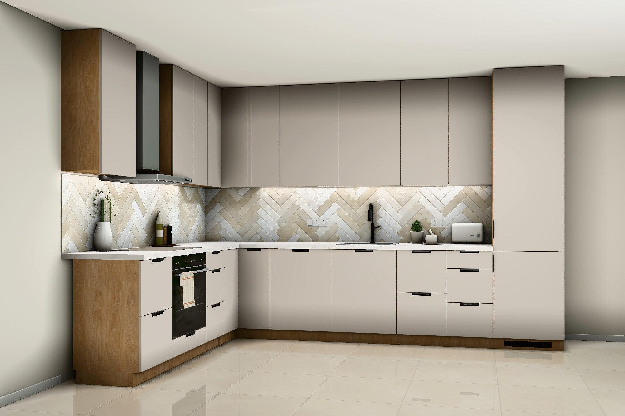 L-KÜCHE Sorento Beige & Sonoma Eiche – 359 × 239 cm – KÜ-SORENTOS-001 - Beige, Holzwerkstoff (359/247/239cm) - ROYAL24_MARKT