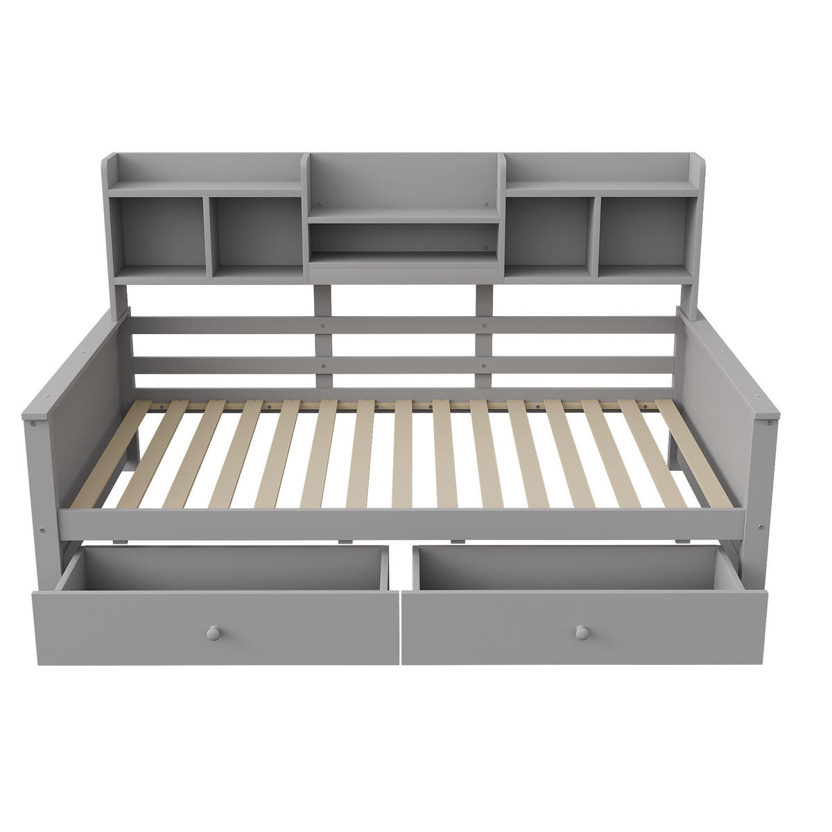 MULTIFUNKTIONSBETT 90/200 cm grau aus Massivholz mit Schubladen und Regalfächern - Grau, Holzwerkstoff (90/200cm) - OKWISH