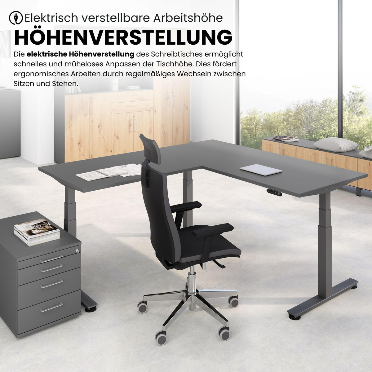 ECKSCHREIBTISCH elektrisch höhenverstellbar L-Form 200/160/74 cm in Graphitfarben/Graphitfarben - Graphitfarben, Holzwerkstoff (200/160/74cm) - bümö