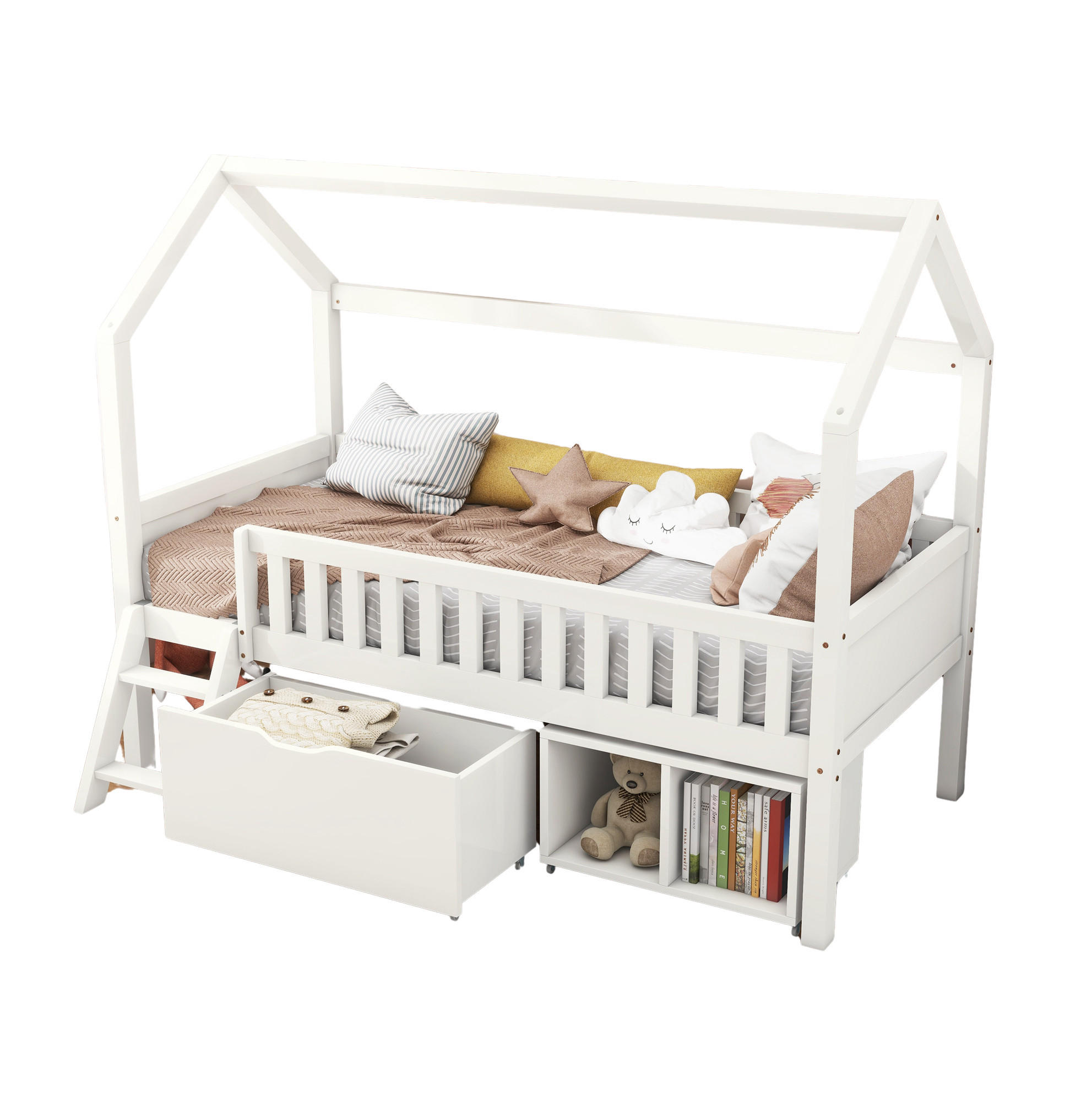 HAUSBETT 90/200 cm aus Kiefer massiv in Weiß – mit Satteldach, Treppe und Stauraum - Weiß, Holz (90/200cm) - BEAOK