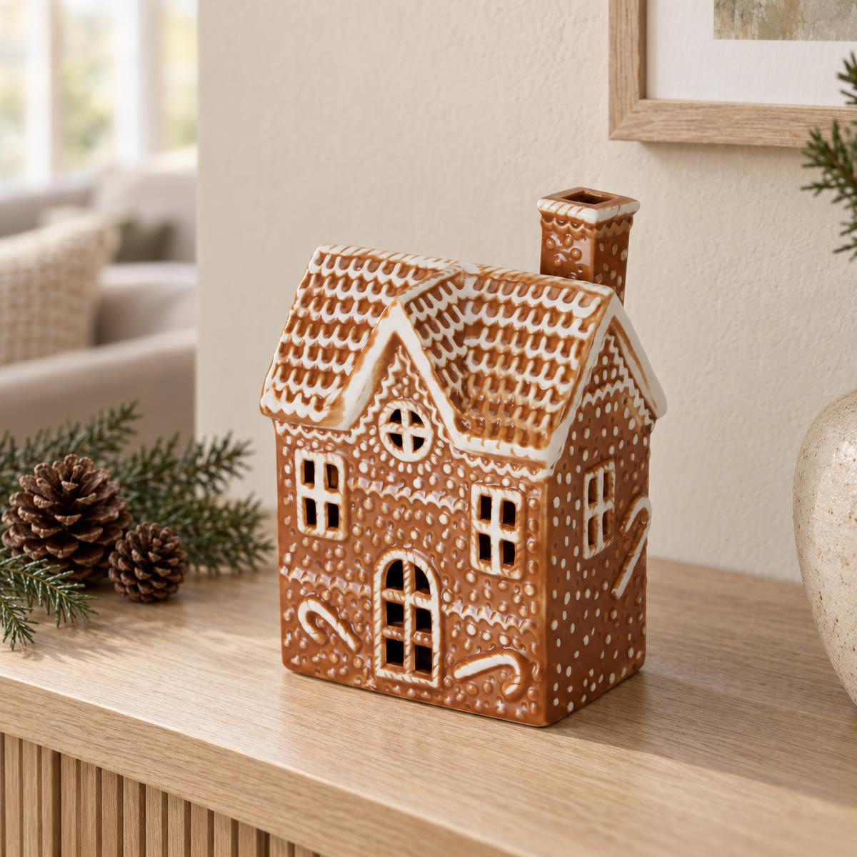 LED-PORZELLAN-HÄUSCHEN aus Lebkuchen 13,6/9,4/19,6 cm - Braun, Keramik (9.4/19.6/13.6cm) - Home Styling Collection