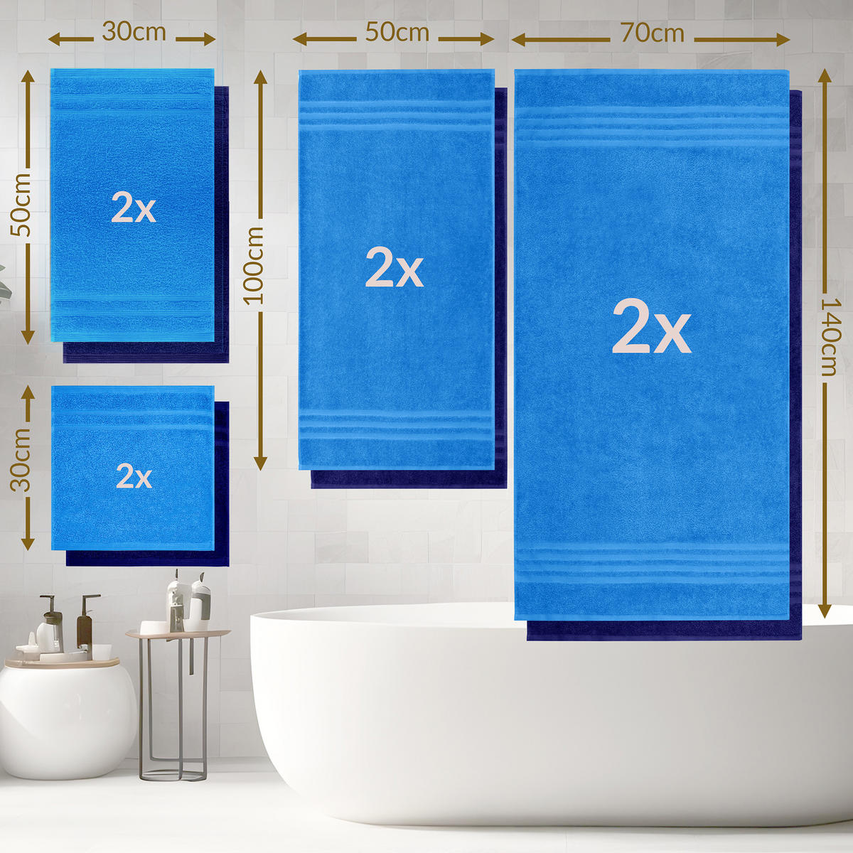 HANDTUCH Set London 8-teilig, 2x Duschtuch 70x140 + 2x Handtuch 50x100 + 2x Gästetuch 30x50 + 2x Waschlappen 30x30 Capri - Marine - Blau/Hellblau, Textil (70/140cm) - Lashuma