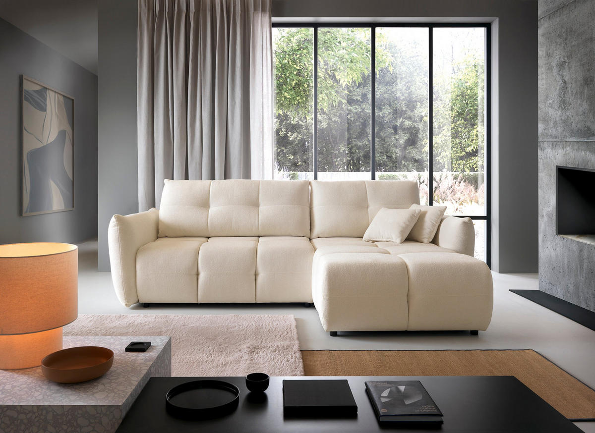 ECKSOFA MODA S Creme Geflochtener Stoff mit Schlaffunktion - Creme, Holz (257/177cm) - MASSENO