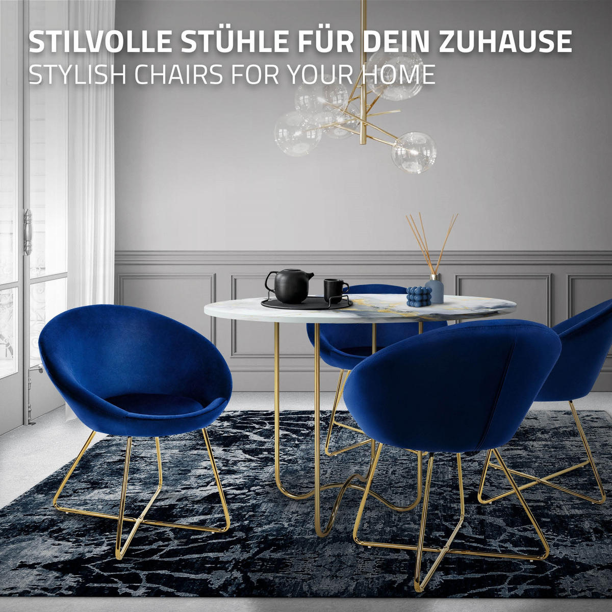 STUHL Samt blau - Blau/Goldfarben, Metall (58/74/65cm) - ML-DESIGN