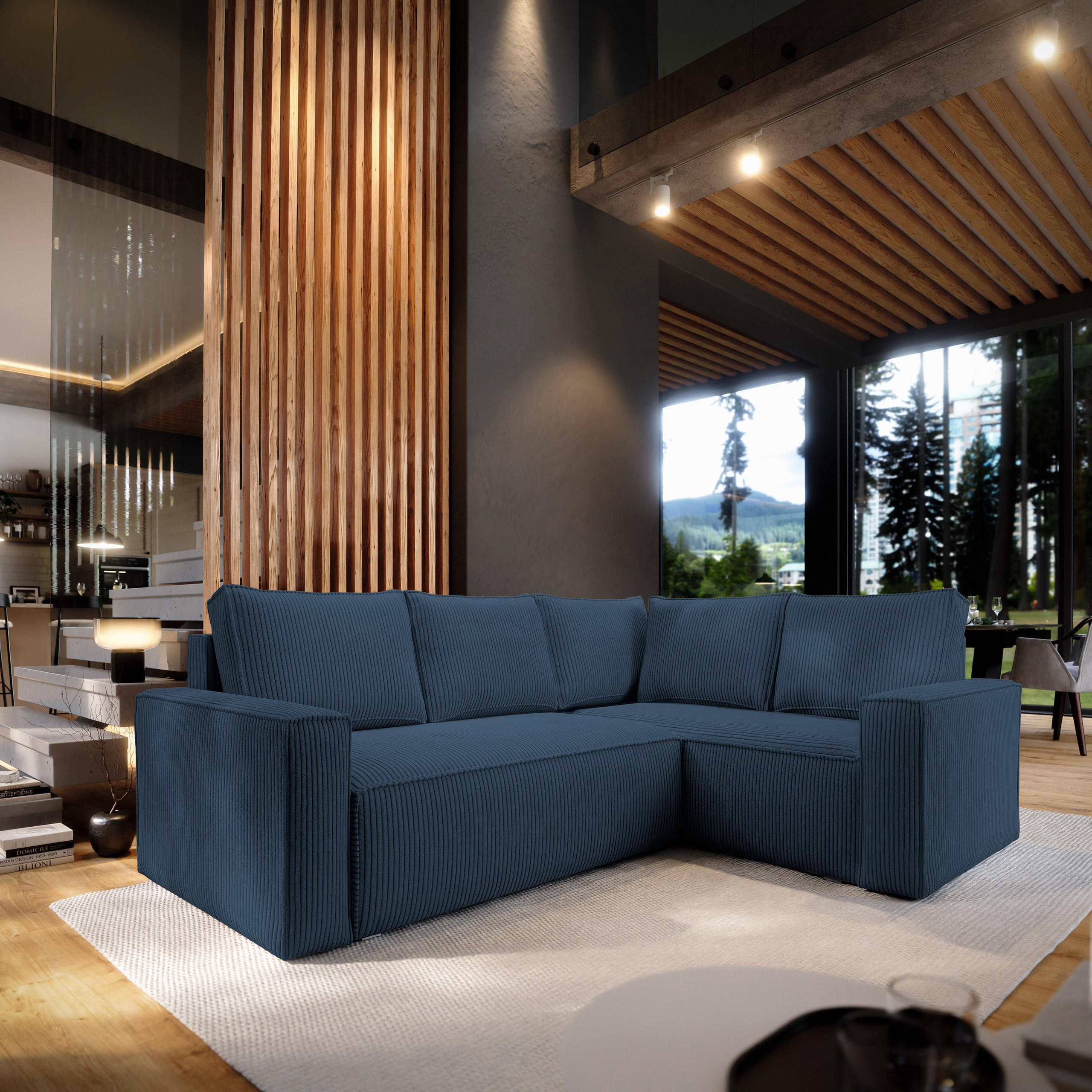 ECKSOFA ESTANO R-S Blau Kordstoff mit Schlaffunktion - Blau, Holz (230/158cm) - MASSENO