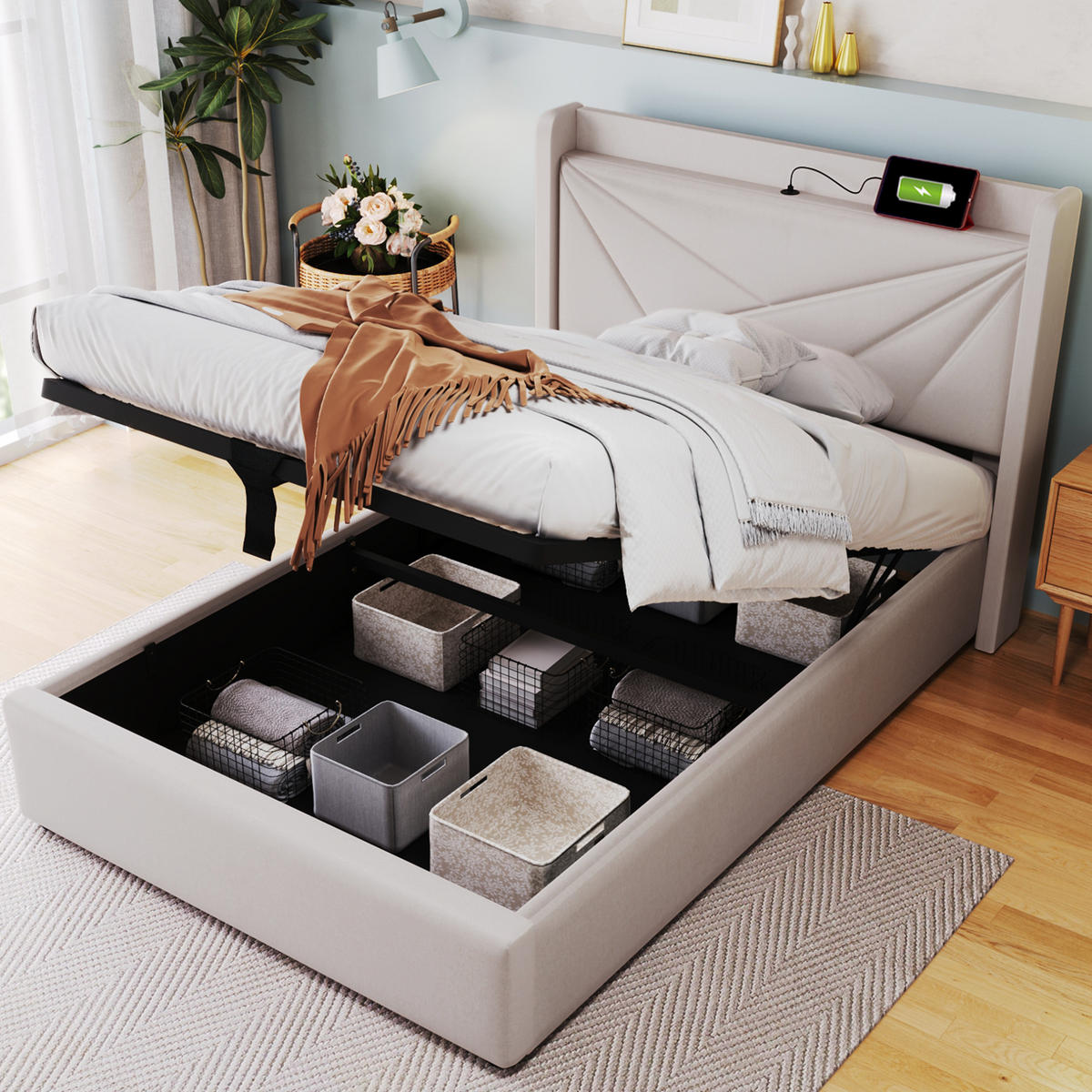 POLSTERBETT 90/200 cm Beige mit Bettkasten, Lattenrost und USB- und Type-C-Anschlüssen - Beige, Textil (90/200cm) - Flora Grace