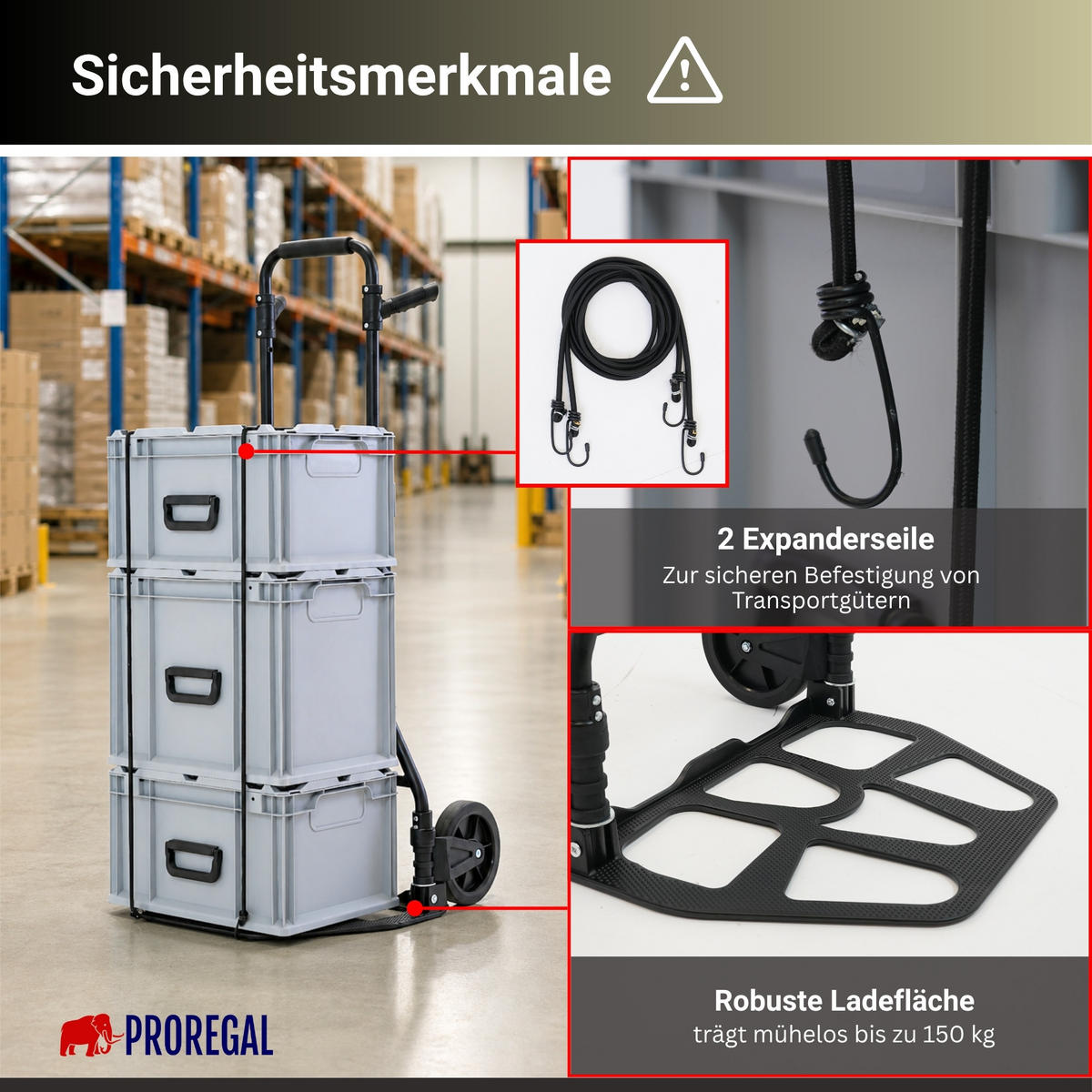SACKKARRE Elephant klappbar 115x50x53cm Traglast 150kg AluminiumrahmenTRR Fachgummiräder Schwarz - Schwarz, Metall (53/50/115cm) - PROREGAL