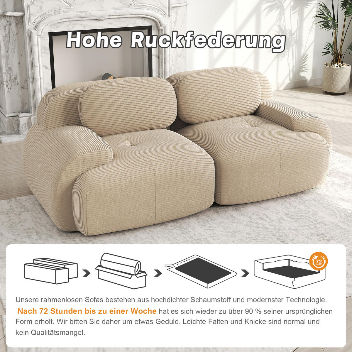 SOFA 2-Sitzer in Beige aus Cord mit modularem Design und geschwungenen Armlehnen - Beige, Textil (208/75/103cm) - CHICFURN