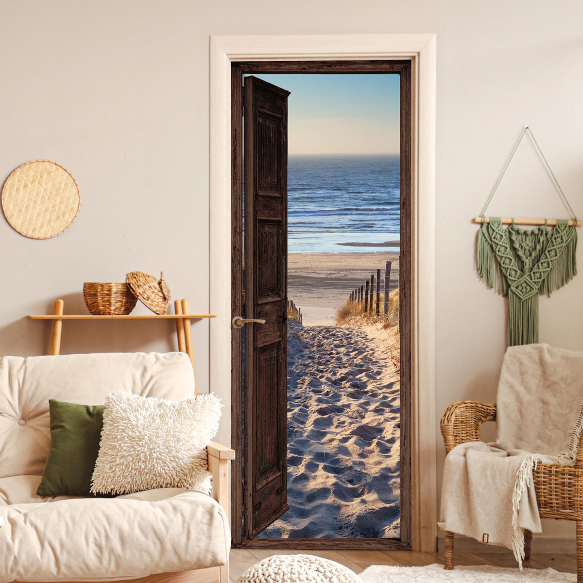 TÜRAUFKLEBER Selbstklebend - Fensterblick - Strand - Meer - Weg - Dünen 95x235 cm - Türtapete - Sandfarben, Kunststoff (95/0.1cm) - MuchoWow