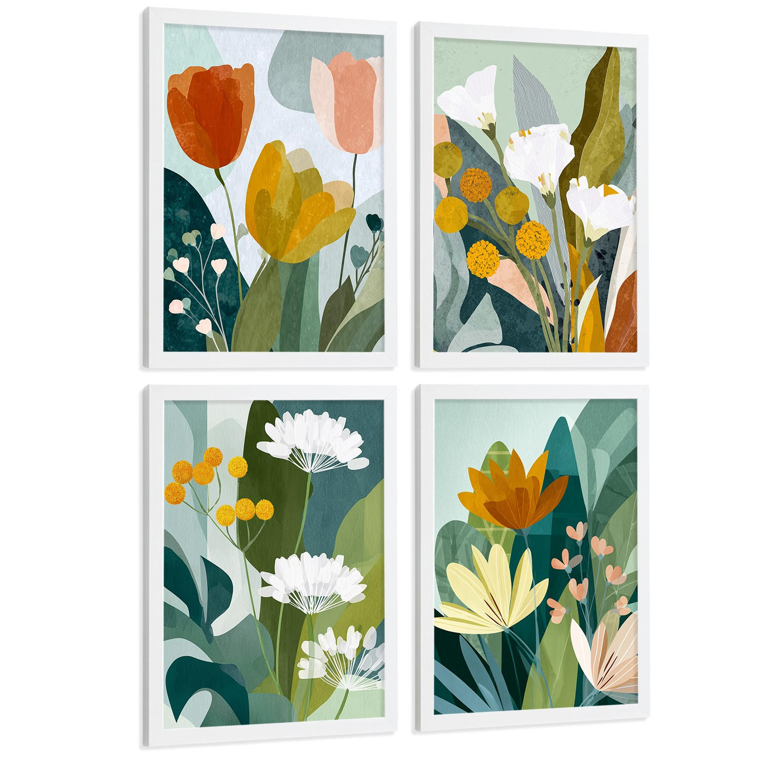 POSTER 4er-Set dekorative Badezimmerdrucke, moderne abstrakte florale Wandposter für Waschbecken, farbenfrohe nordische Dekoration Weißer Rahmen A3 - Weiß, Papier (42/29.7/3cm) - Nacnic