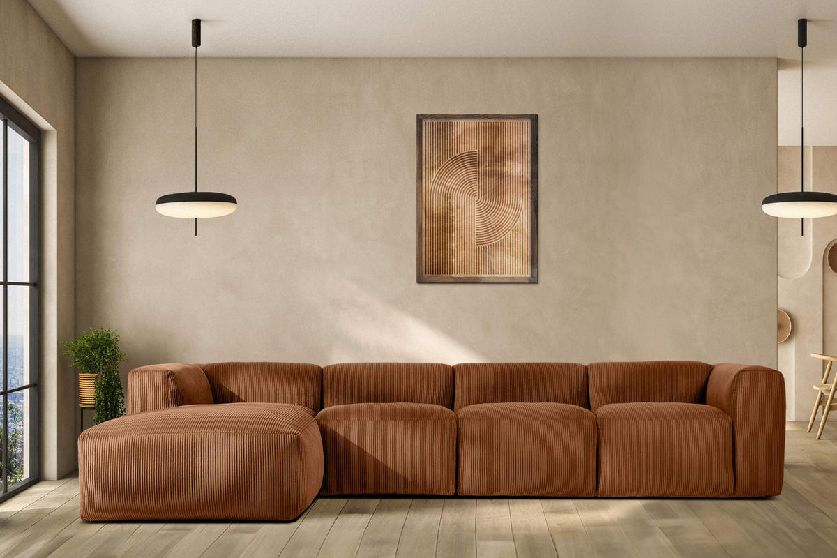ECKMODULSOFA-RECHTS BUFFO 6-Sitzer mit extrem weicher Sitzfläche, Kordstoff, ore - Orange, Textil (377/180cm) - KONSIMO®