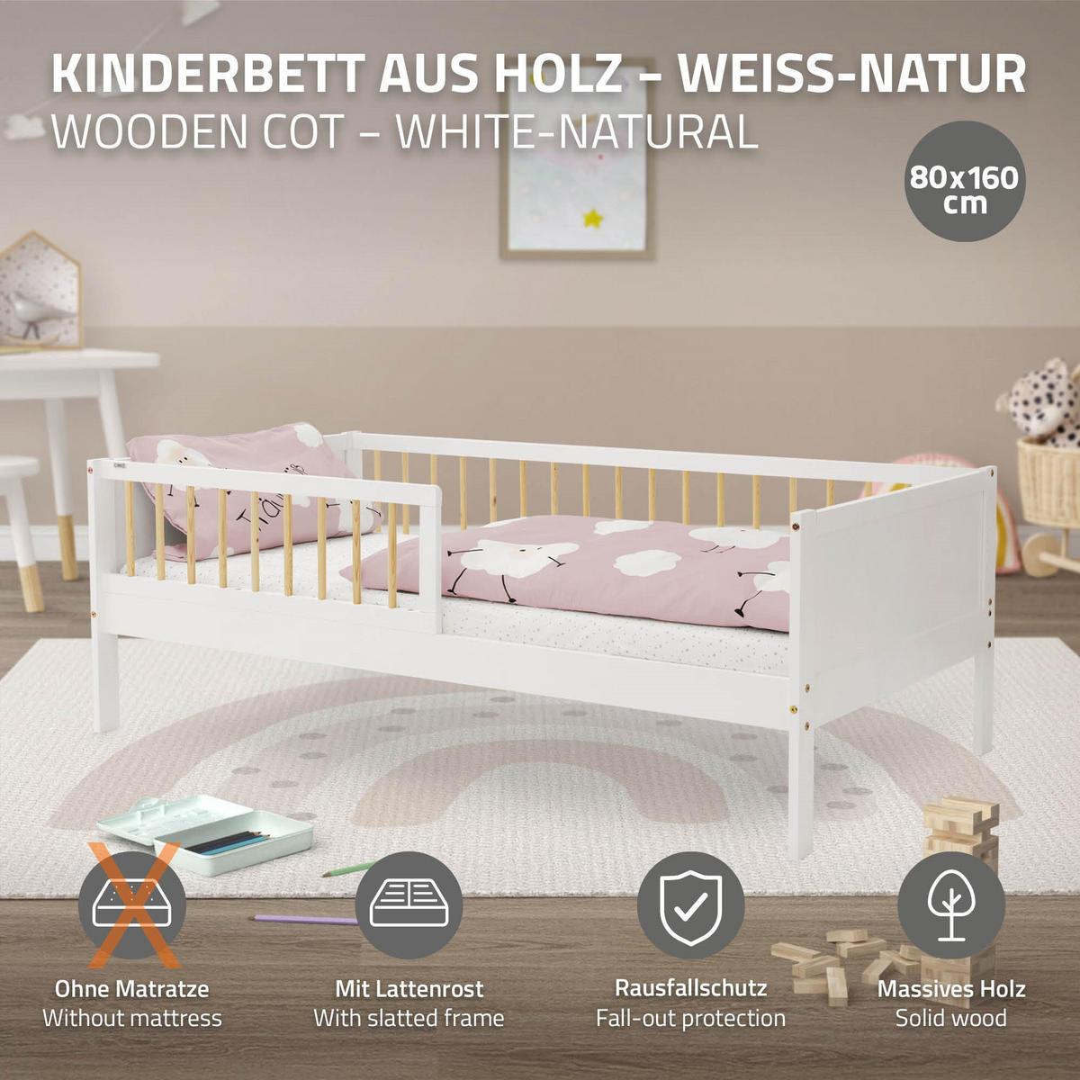 KINDERBETT 80x160 cm Weiß/Natur - Multicolor, Holz (80/160cm) - ML-DESIGN