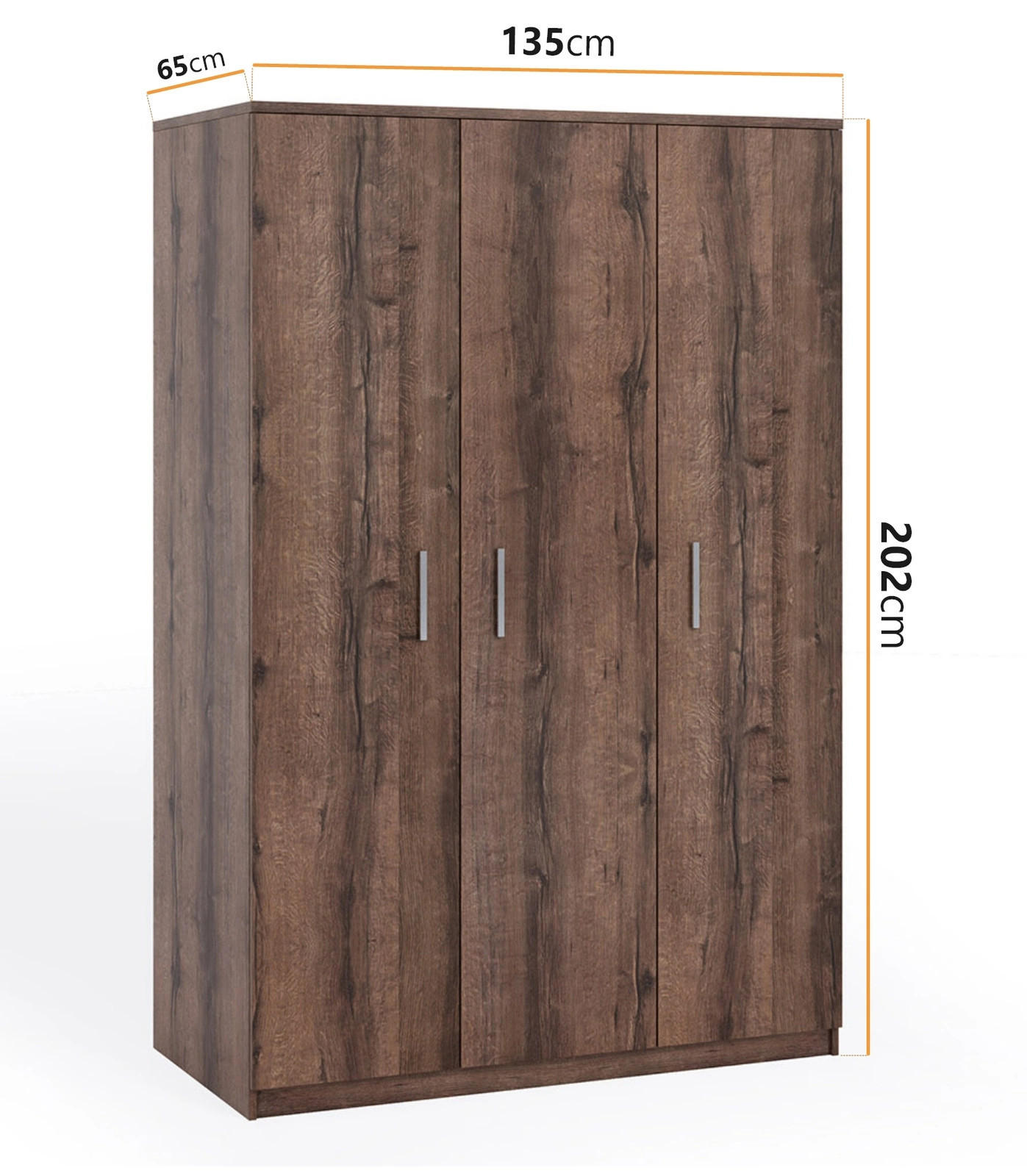 KLEIDERSCHRANK Tamiza 3-türig 135 cm breite - Silberfarben/Braun, Holzwerkstoff/Kunststoff (135/202/65cm) - Ravio