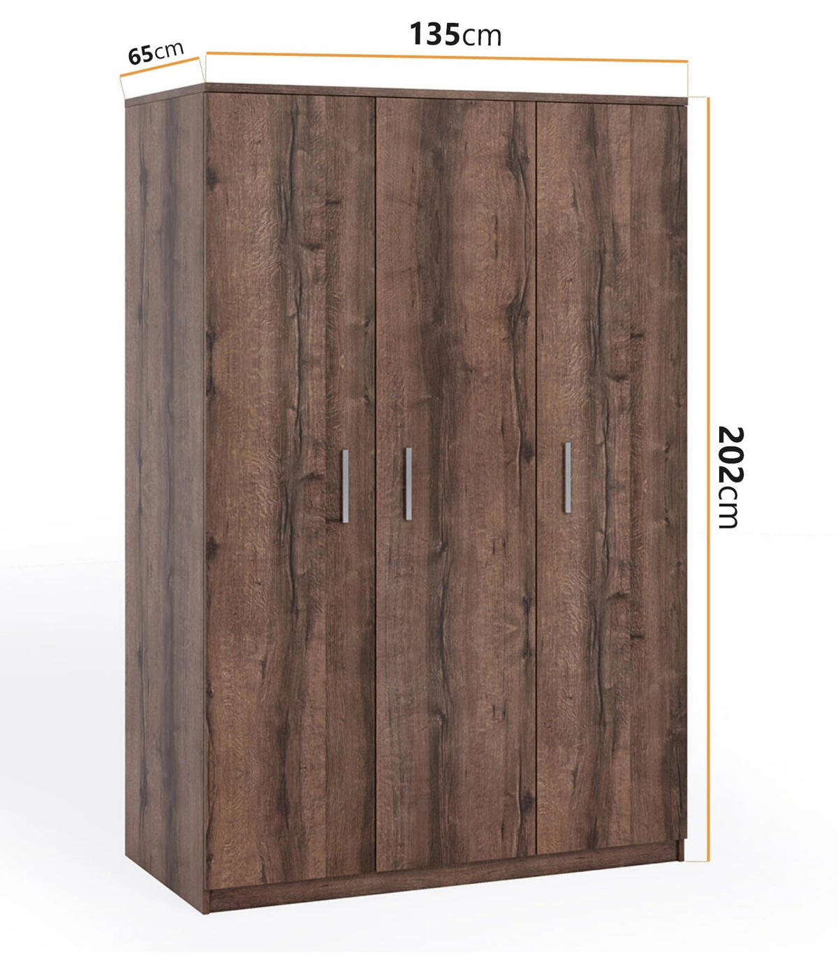 KLEIDERSCHRANK Tamiza 3-türig 135 cm breite - Silberfarben/Braun, Holzwerkstoff/Kunststoff (135/202/65cm) - Ravio