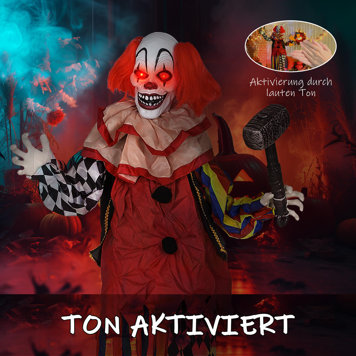 HALLOWEEN-DEKORATION Clown 173 cm mit leuchtenden Augen sprachgesteuert - Multicolor, Metall (18/173/90cm) - Outsunny