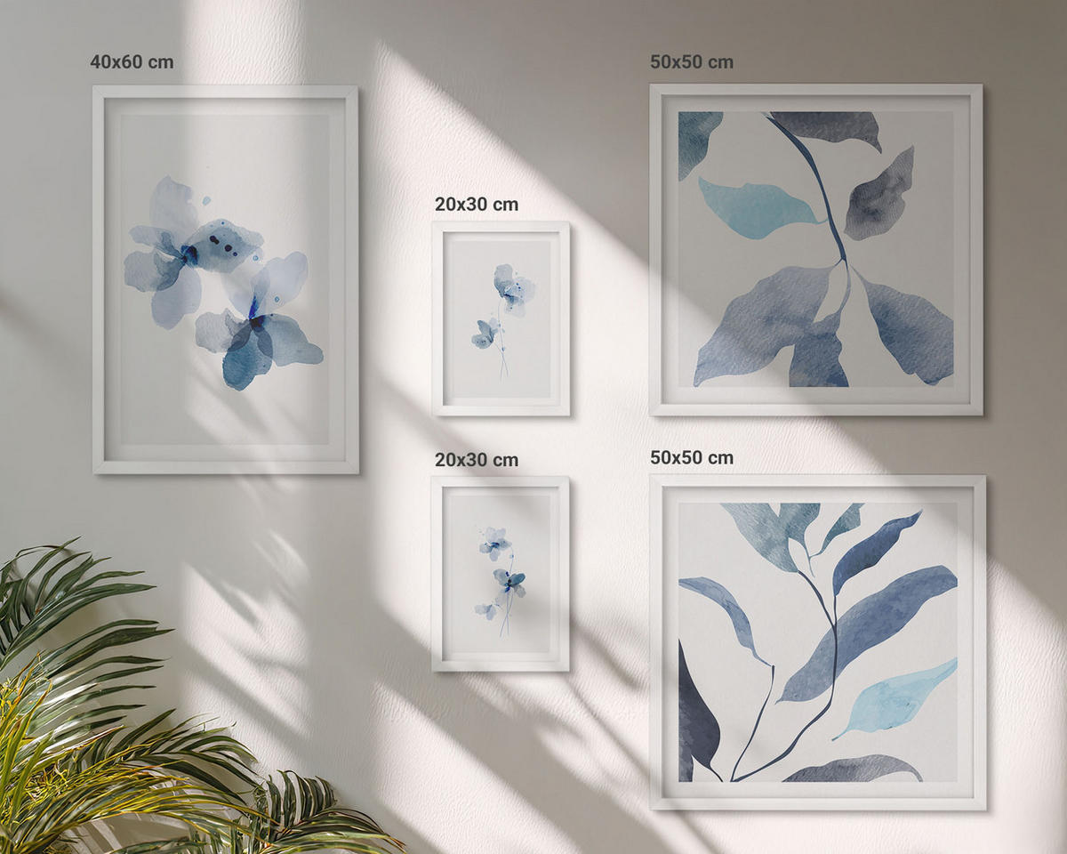 BILDER SET 5er Set - 50x50 cm & 20x30 cm & 40x60 cm Weißer Rahmen - Minimalistische blaue Blumen - Weiß, Kunststoff (40/60cm) - TULUP