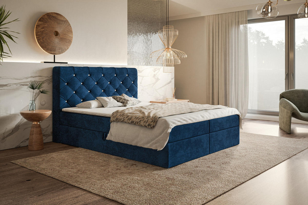 DOPPELBETT mit Matratze 160x200 Polo, Kristallknöpfen, Bettkasten, Blau - Blau, Holz/Textil (160/200cm) - Emporius