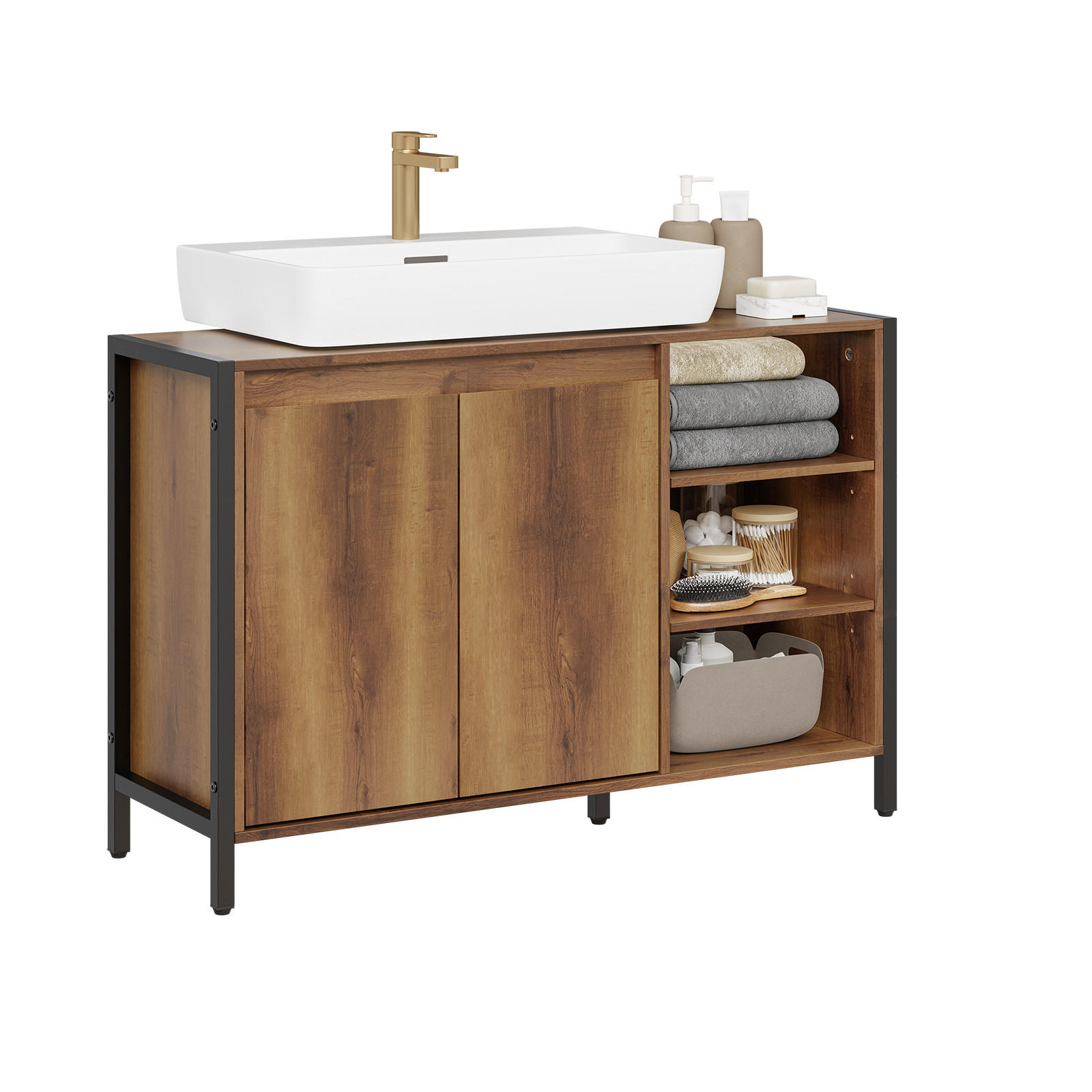BADSCHRANK mit Aussparung für Waschbecken BZR63-L-PF - Hellbraun, Holzwerkstoff (90/60/30cm) - SoBuy