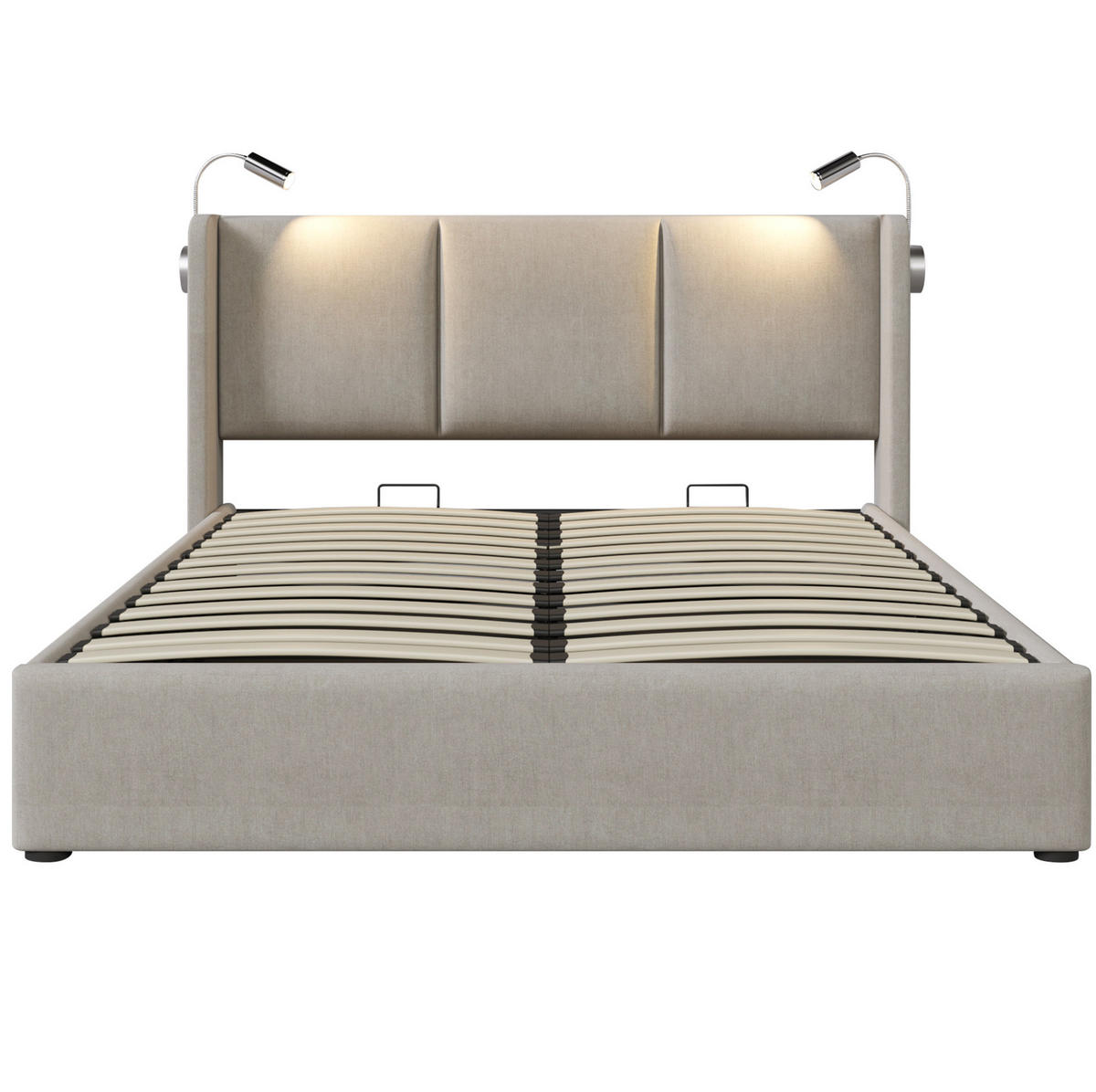 POLSTERBETT mit Bettkasten und Leselicht 180x200 cm Leinen Beige - Beige, Metall (180/200cm) - Beauniv