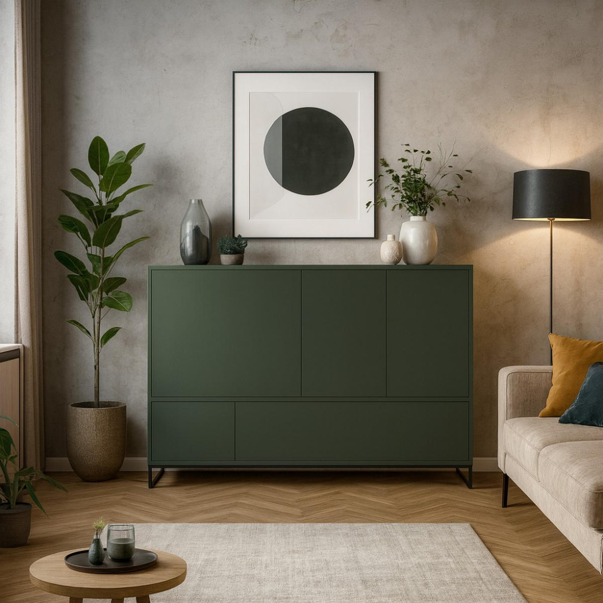 KOMMODE Giana mit 5 Türen, 160 cm, Flaschengrün - Dunkelgrün/Schwarz, Holzwerkstoff (160/120/45cm) - Beautysofa