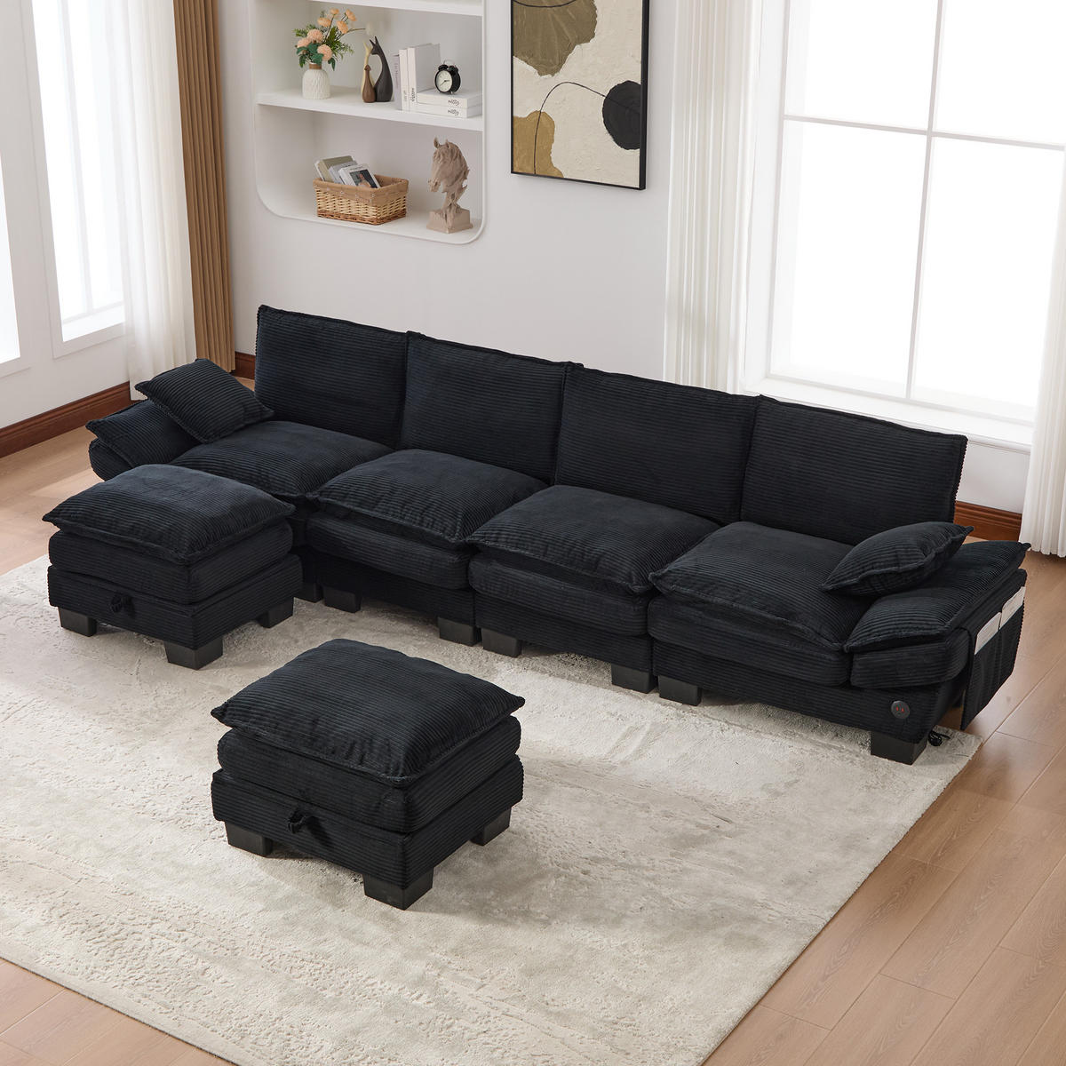 WOHNLANDSCHAFT Cord Schwarz mit USB-C und mit 2 Hocker - Schwarz, Holzwerkstoff/Kunststoff (330/84/132cm) - WISHDOR
