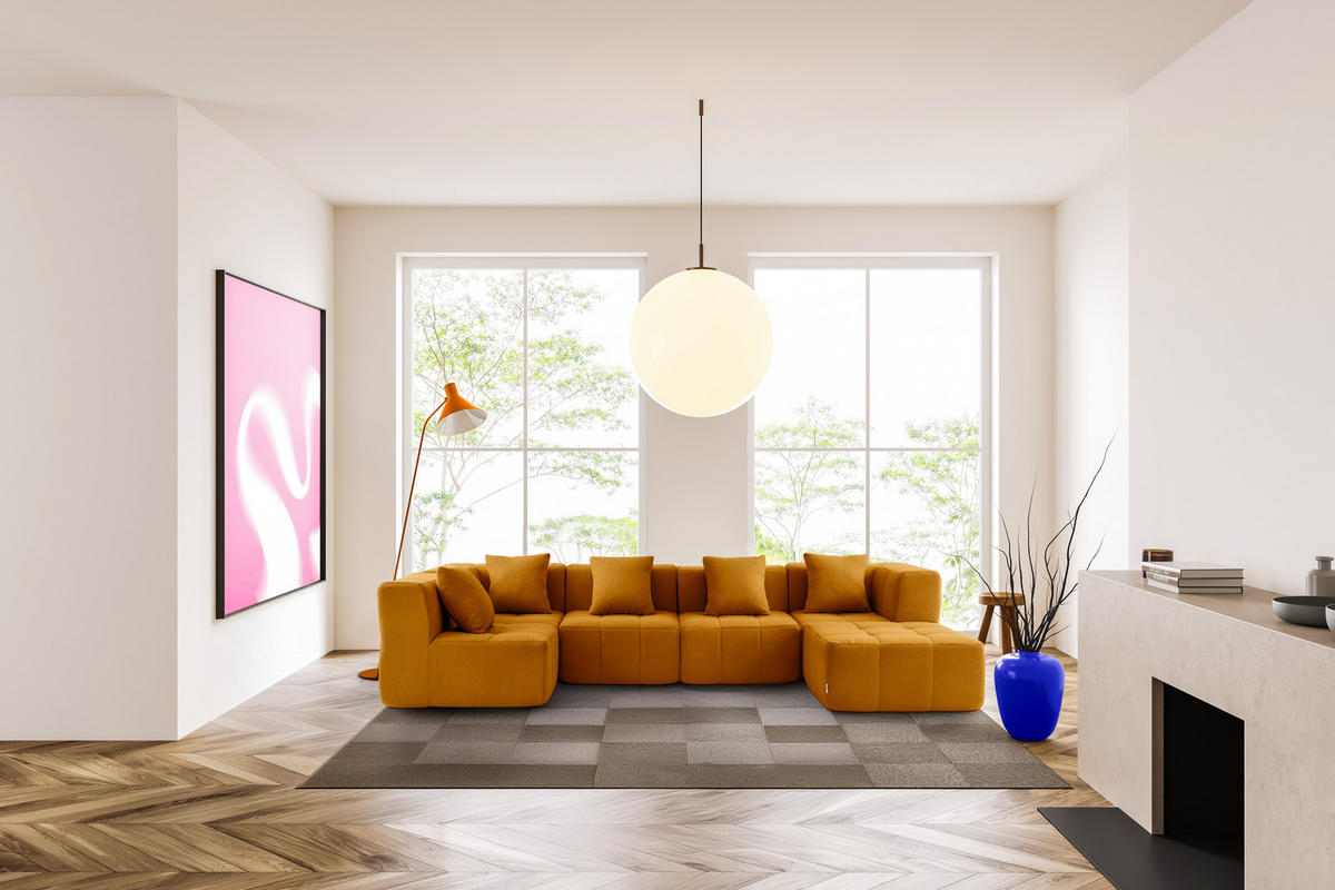 WOHNLANDSCHAFT Bouclé-Stoff Zimtbraun - Hellbraun, Textil (340/73/190cm) - MILYsofa