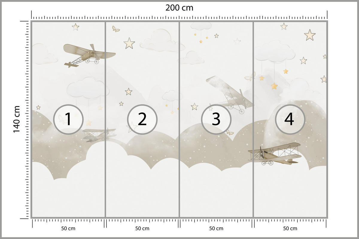 FOTOTAPETE für Kinderzimmer Flugzeuge Wolken Sterne Himmel 200x140 - Gelb/Beige, Papier (200/140cm) - Muralo