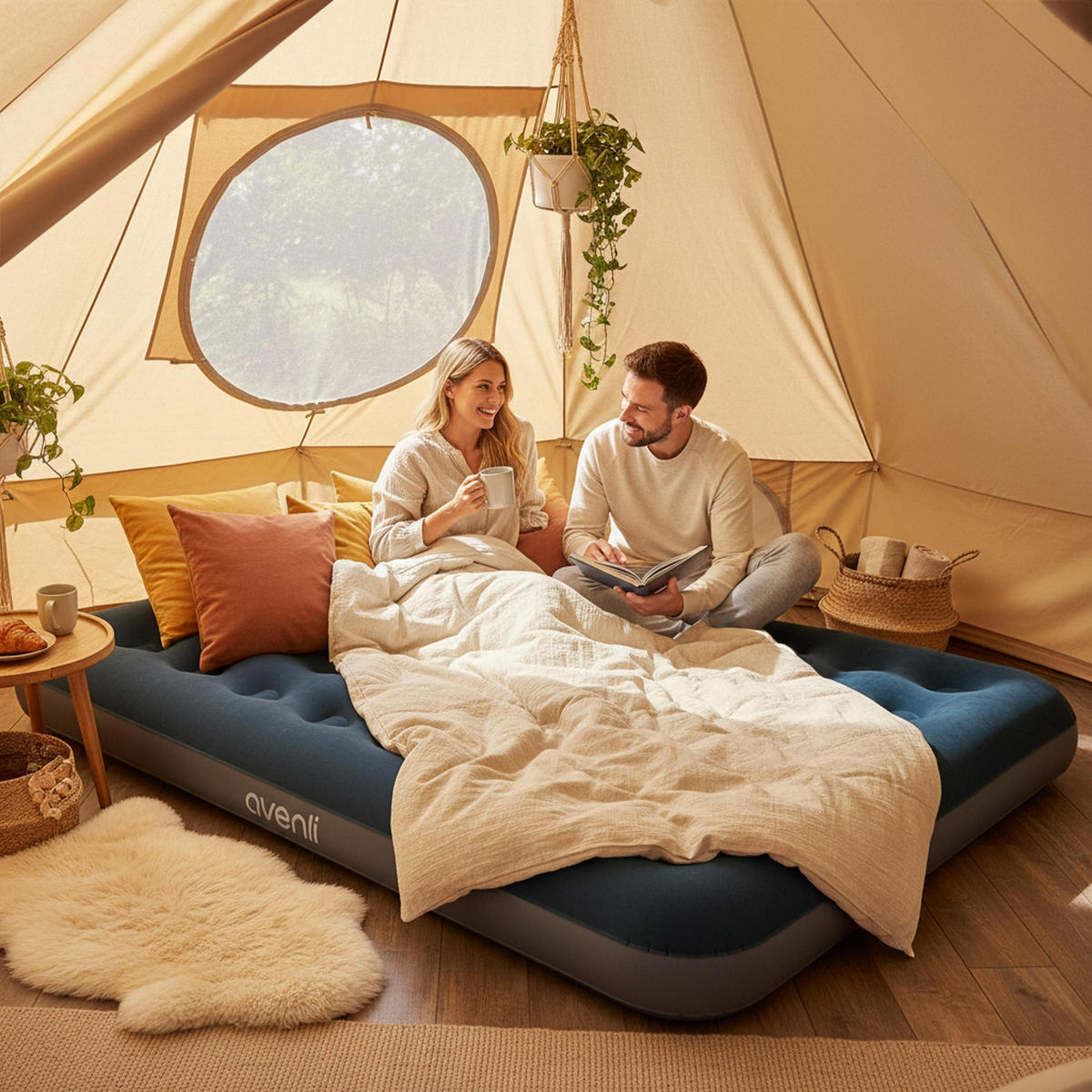 LUFTBETT Luftmatratze Camping 2 Personen 191x137x22cm aufblasbar mit Fußpumpe - Blau, Kunststoff (137/191cm) - Avenli