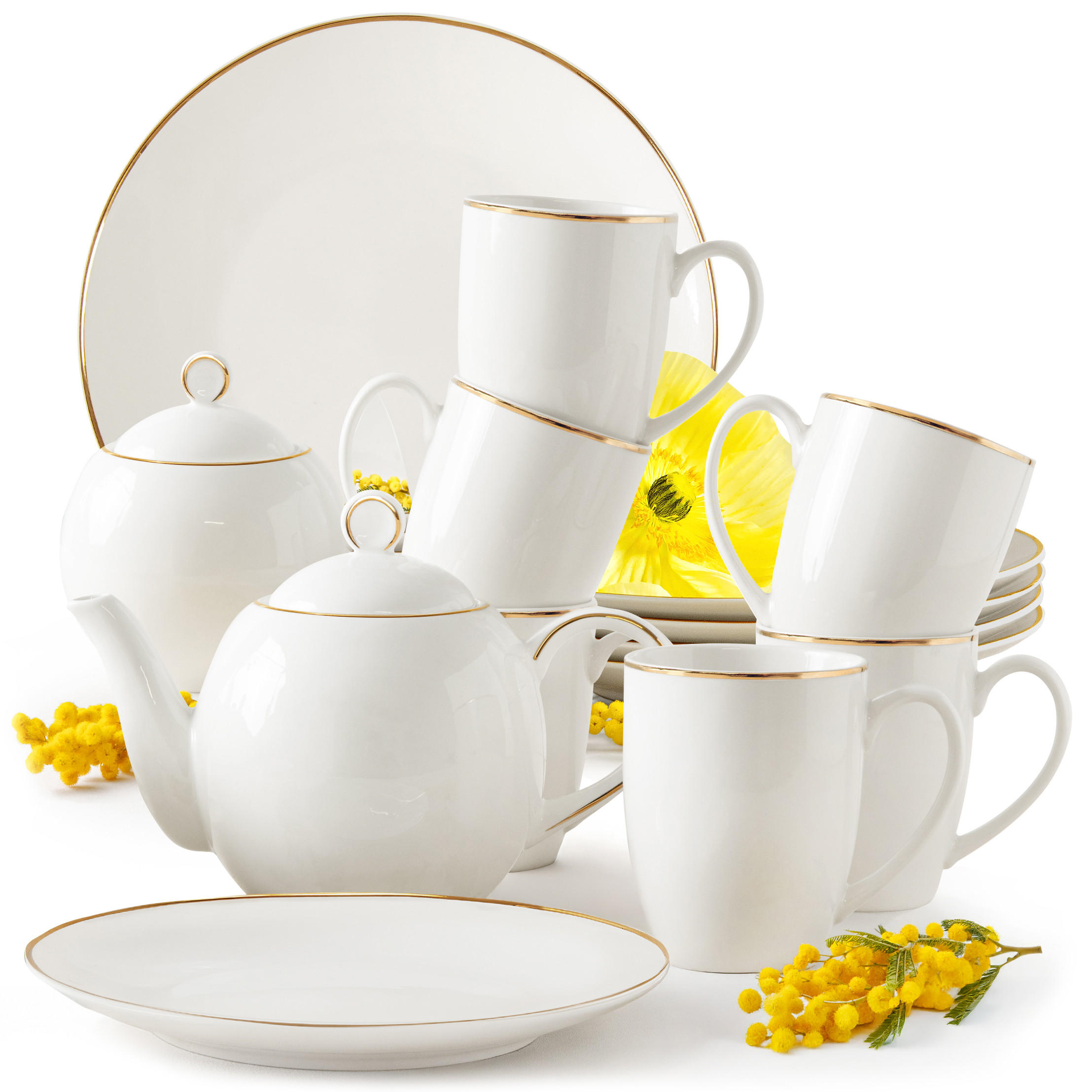 TEESERVICE AD BELLA, 6 Personen, 14-tlg - Ecru/Goldfarben, Keramik (20/16/20cm) - KONSIMO®