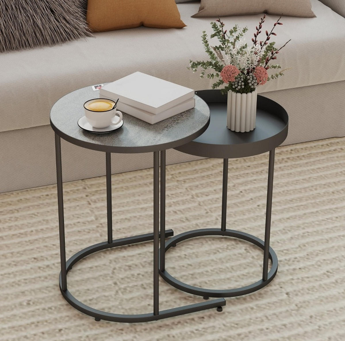SATZTISCHE 42/42/54 und 36/36,5/48,5 cm im 2er-Set, stapelbar mit Tablettdesign und Metallgestell, Grau - Grau, Metall (42/42/54cm) - Redom